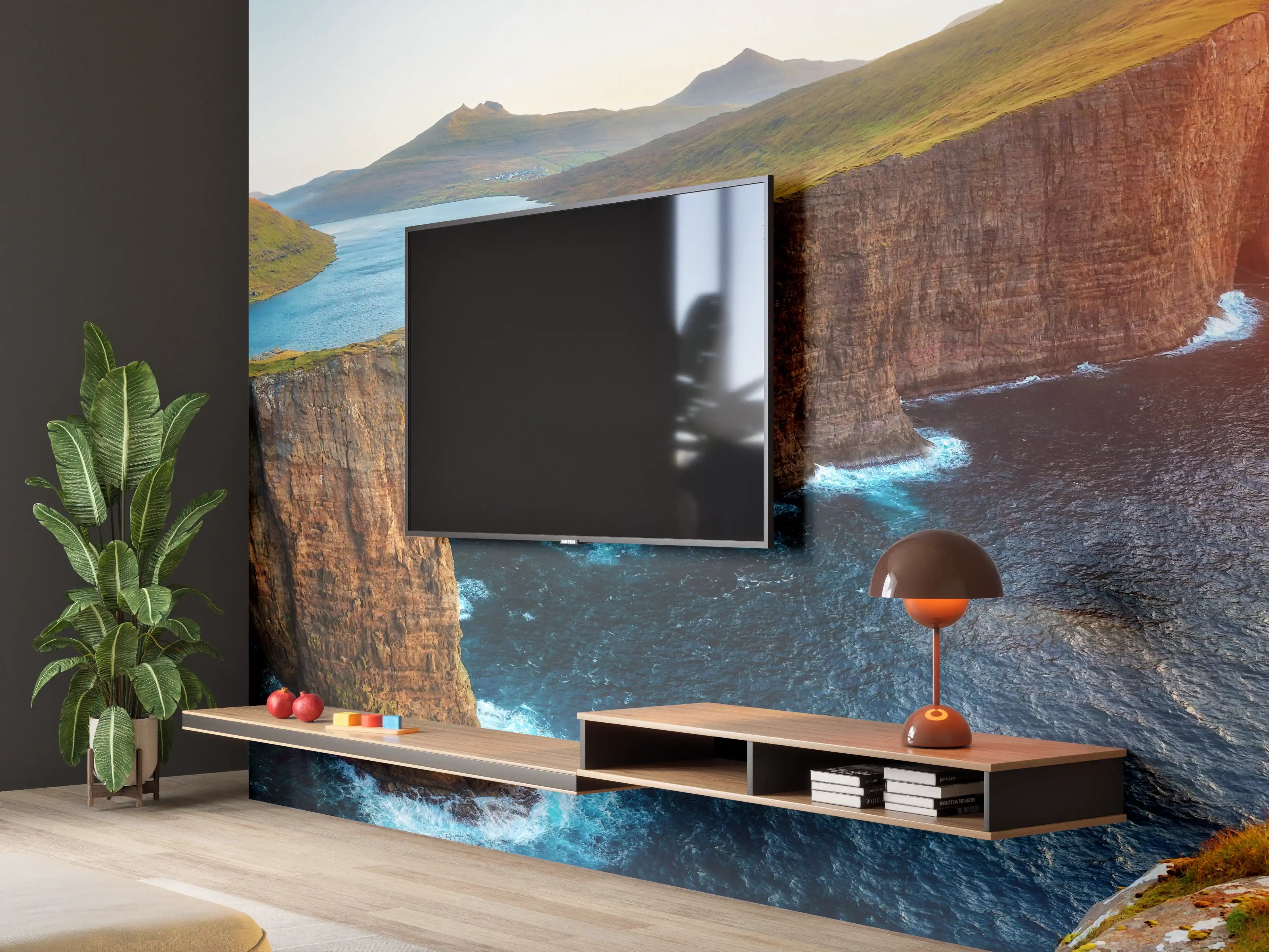 Wandverkleidung Wohnzimmer - Sorvagsvatn See und mit Wasserfall ins Meer an der Färöer