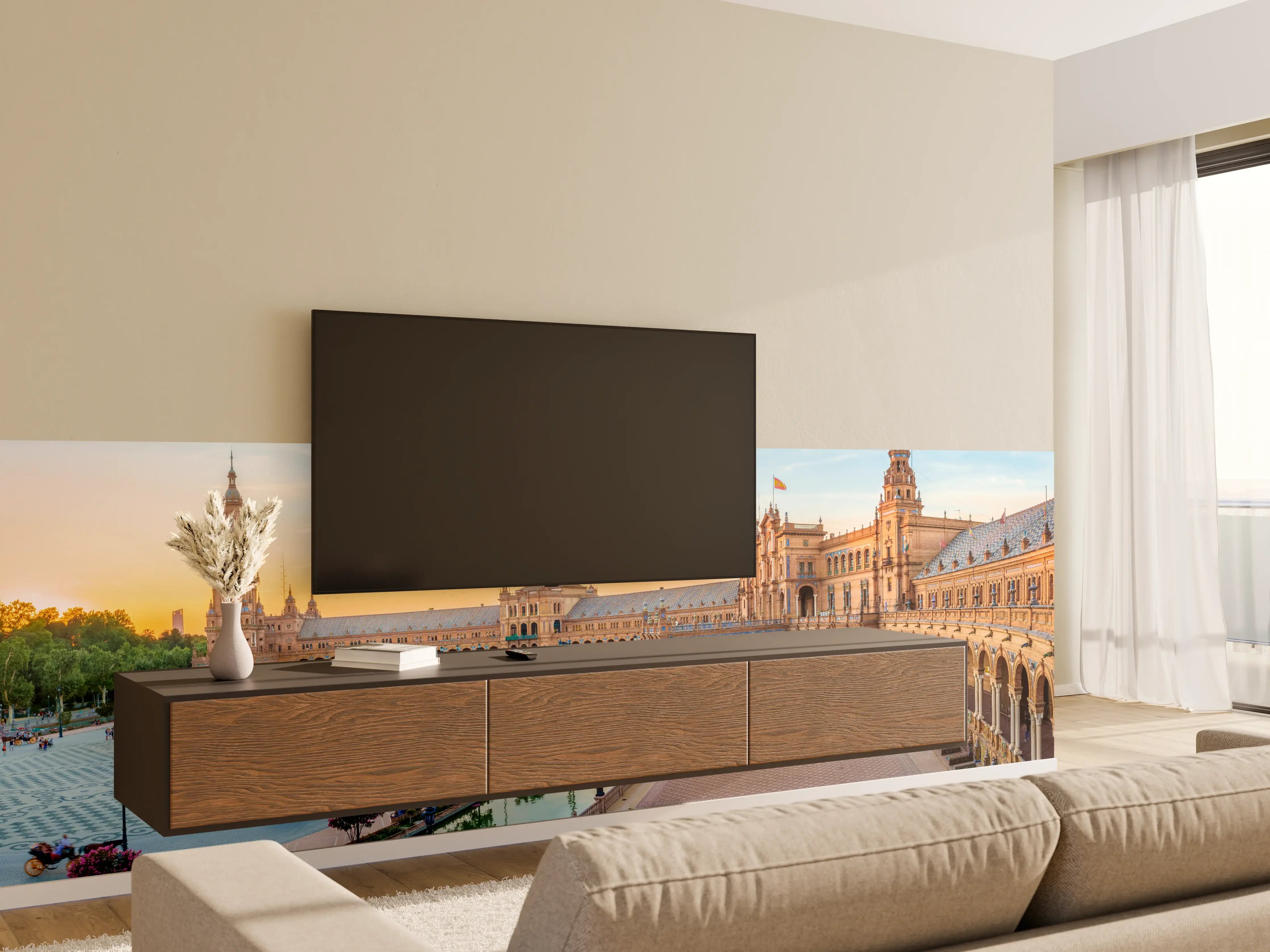 Wandverkleidung Wohnzimmer - Spanisches Platzpanorama bei Sonnenuntergang