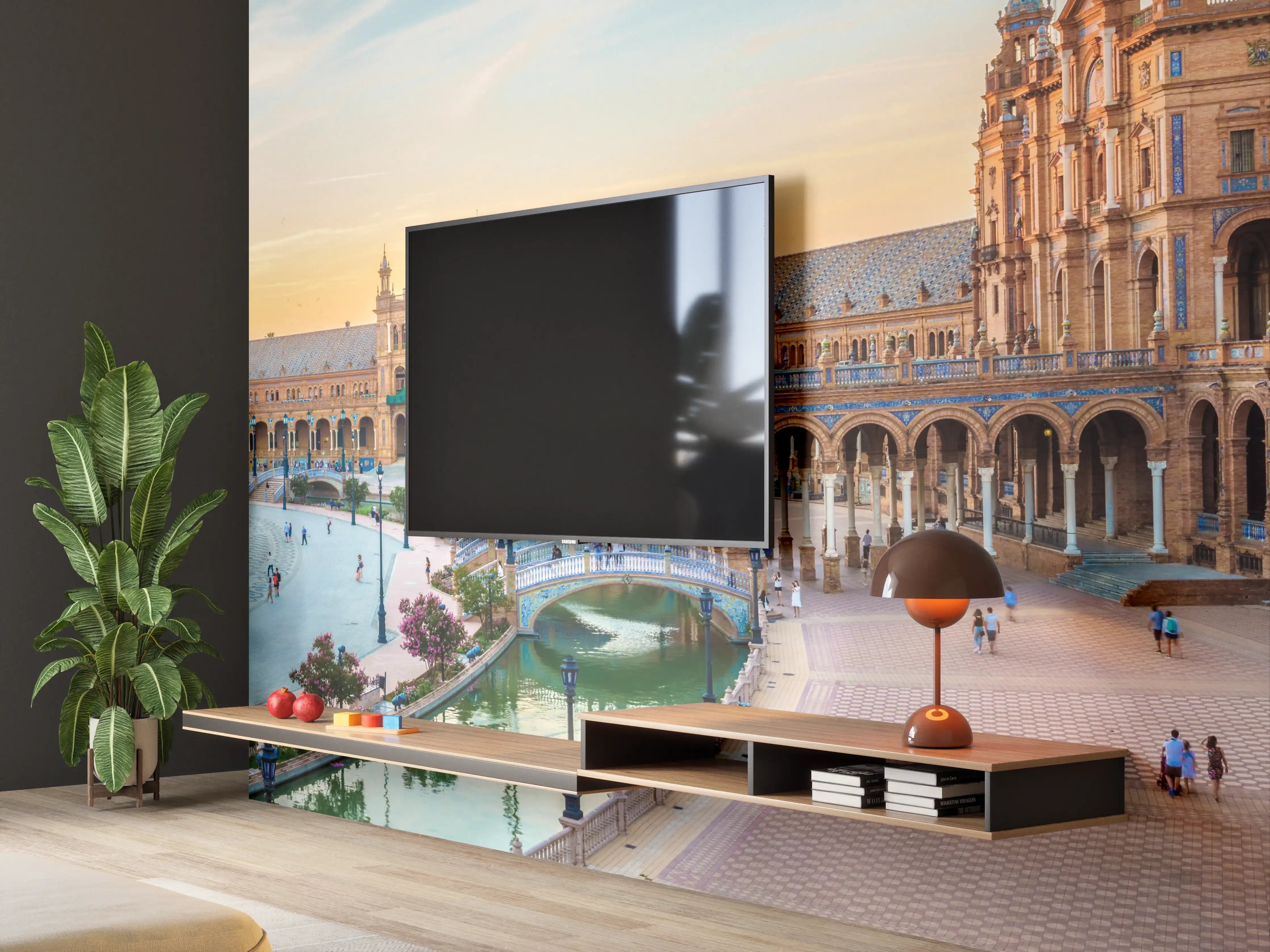 Wandverkleidung Wohnzimmer - Spanisches Platzpanorama bei Sonnenuntergang