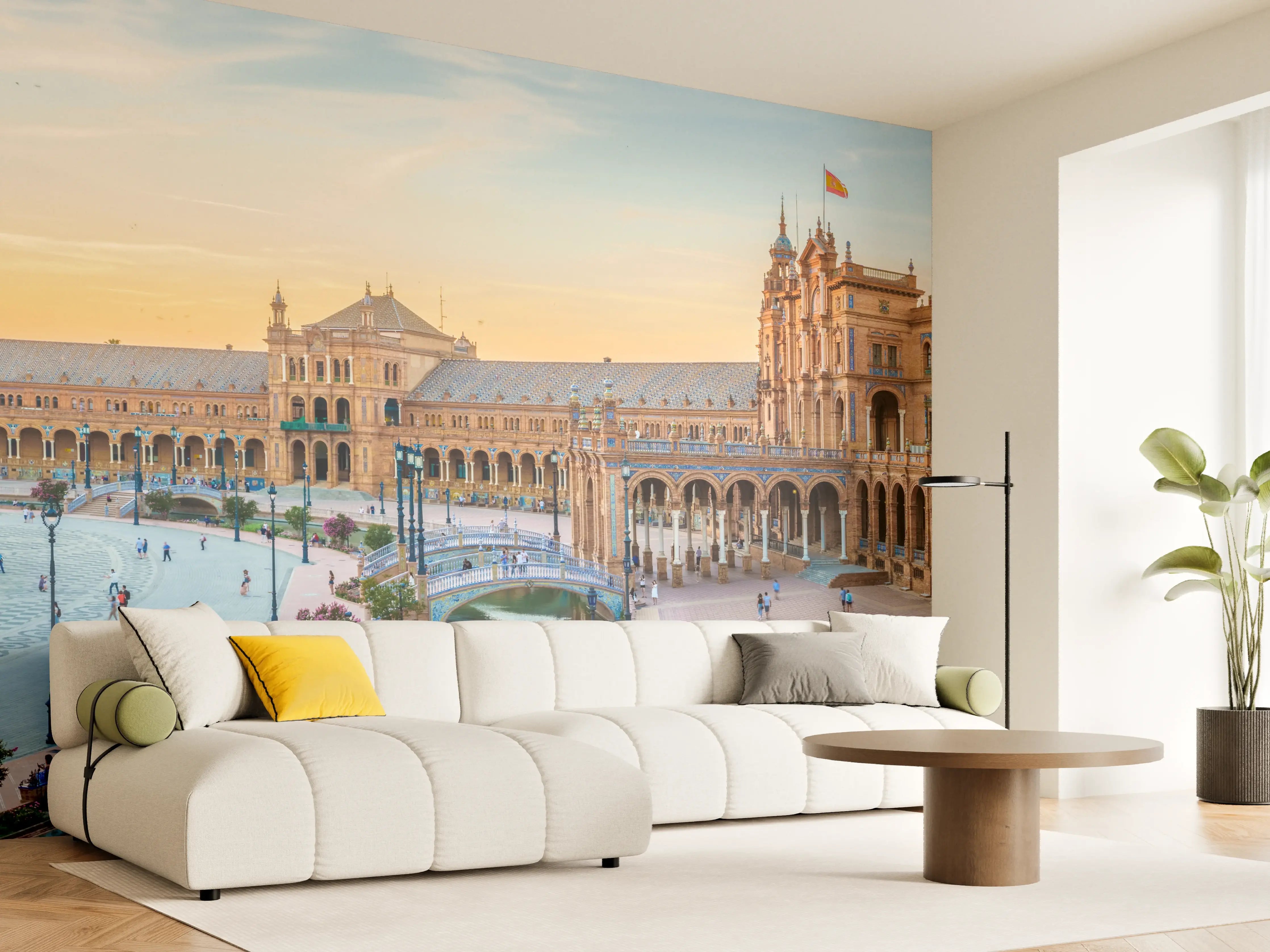 Wandverkleidung Wohnzimmer - Spanisches Platzpanorama bei Sonnenuntergang