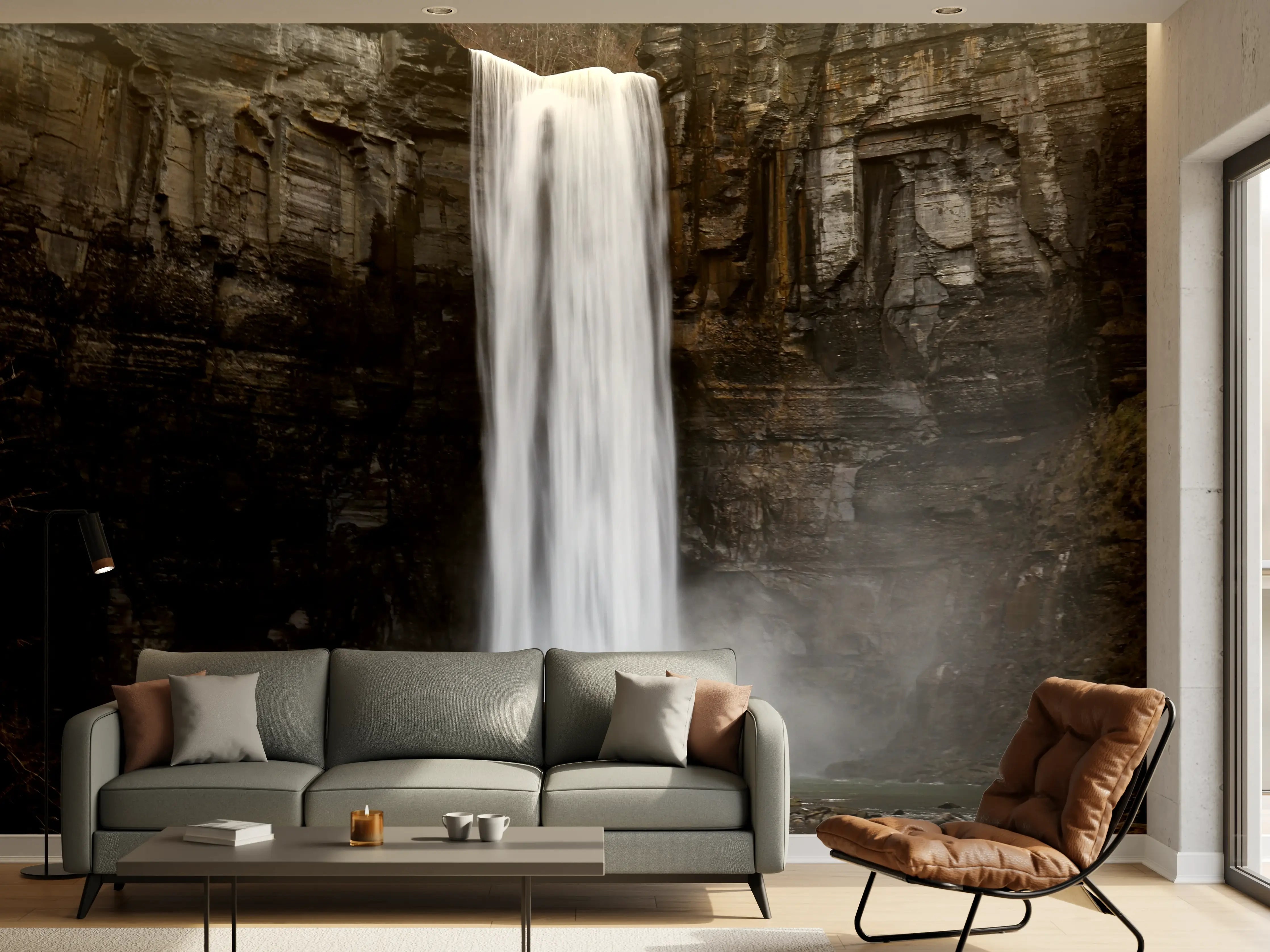 Wandverkleidung Wohnzimmer - Spannender Wasserfall inmitten der Natur