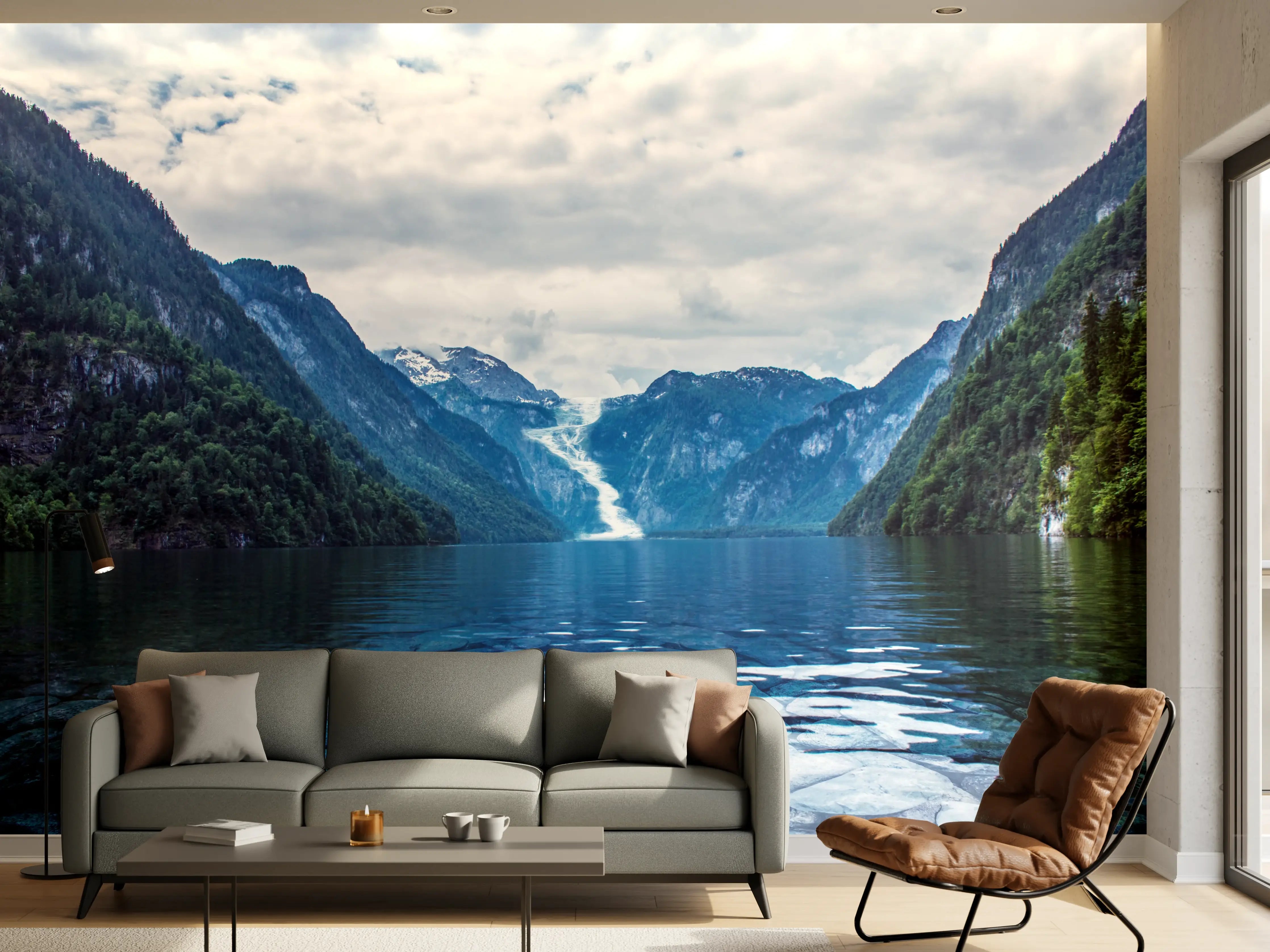 Wandverkleidung Wohnzimmer - Spektakuläre Berg- und Seelandschaft mit Wasserfall