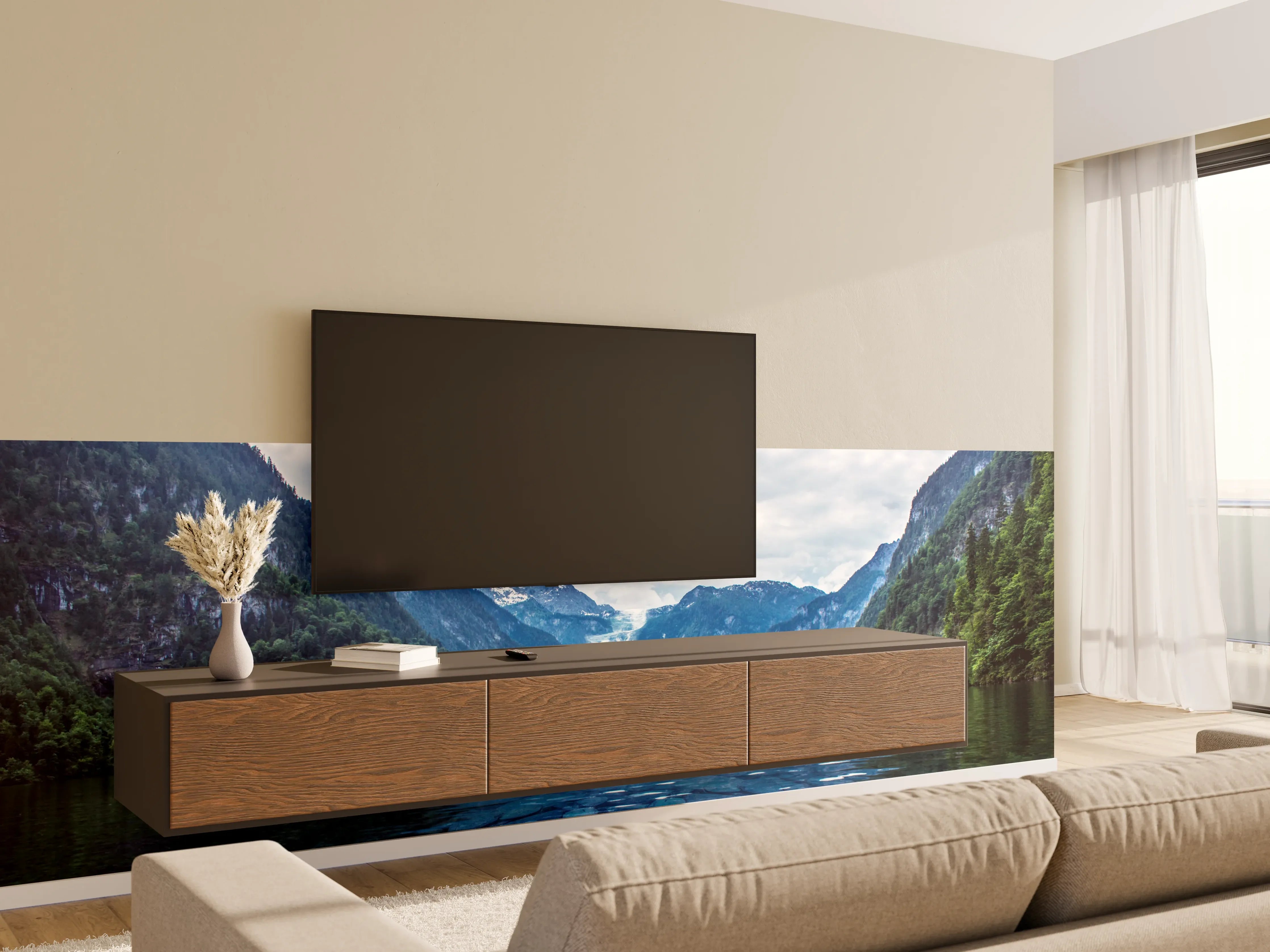Wandverkleidung Wohnzimmer - Spektakuläre Berg- und Seelandschaft mit Wasserfall