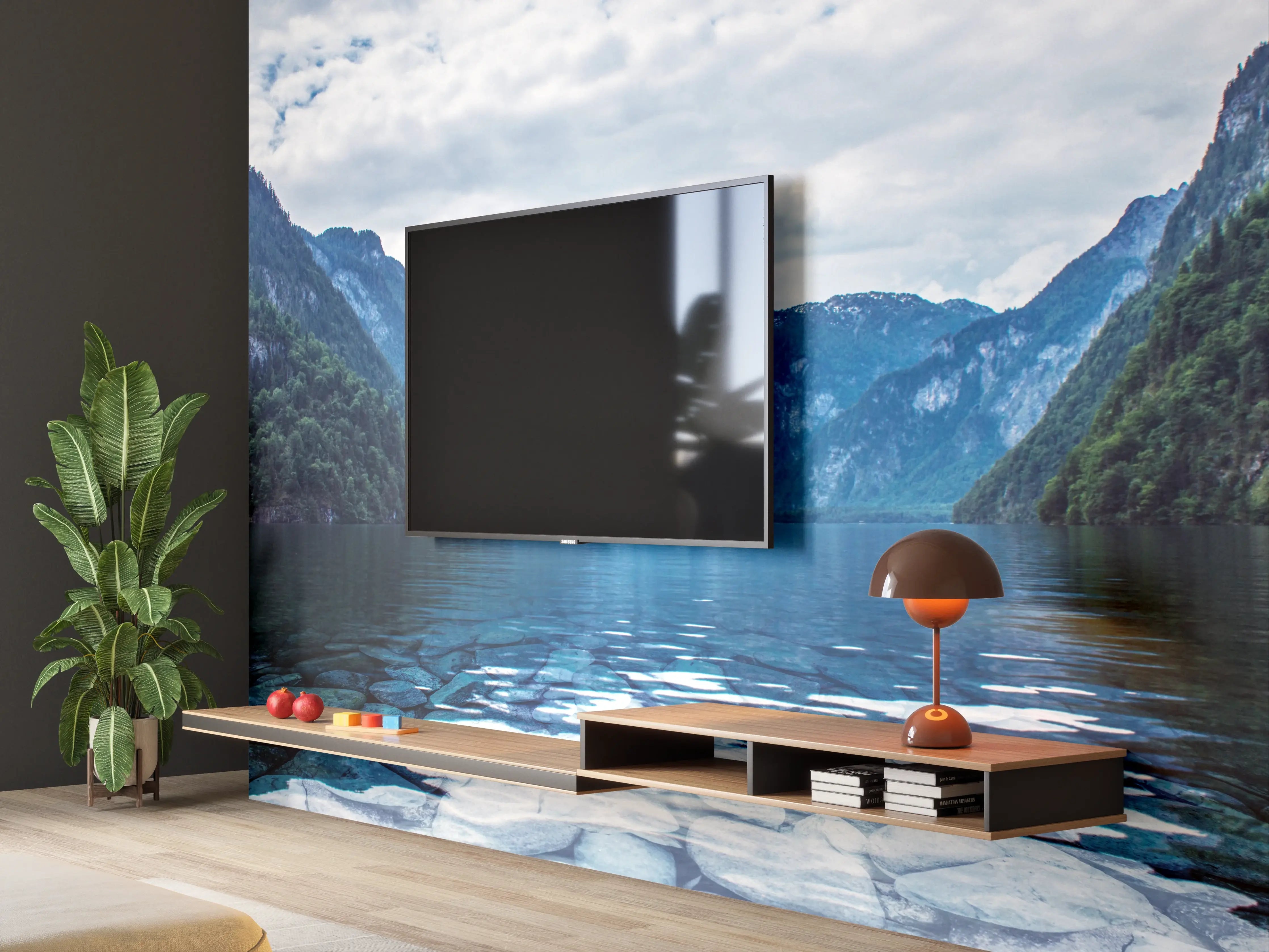 Wandverkleidung Wohnzimmer - Spektakuläre Berg- und Seelandschaft mit Wasserfall