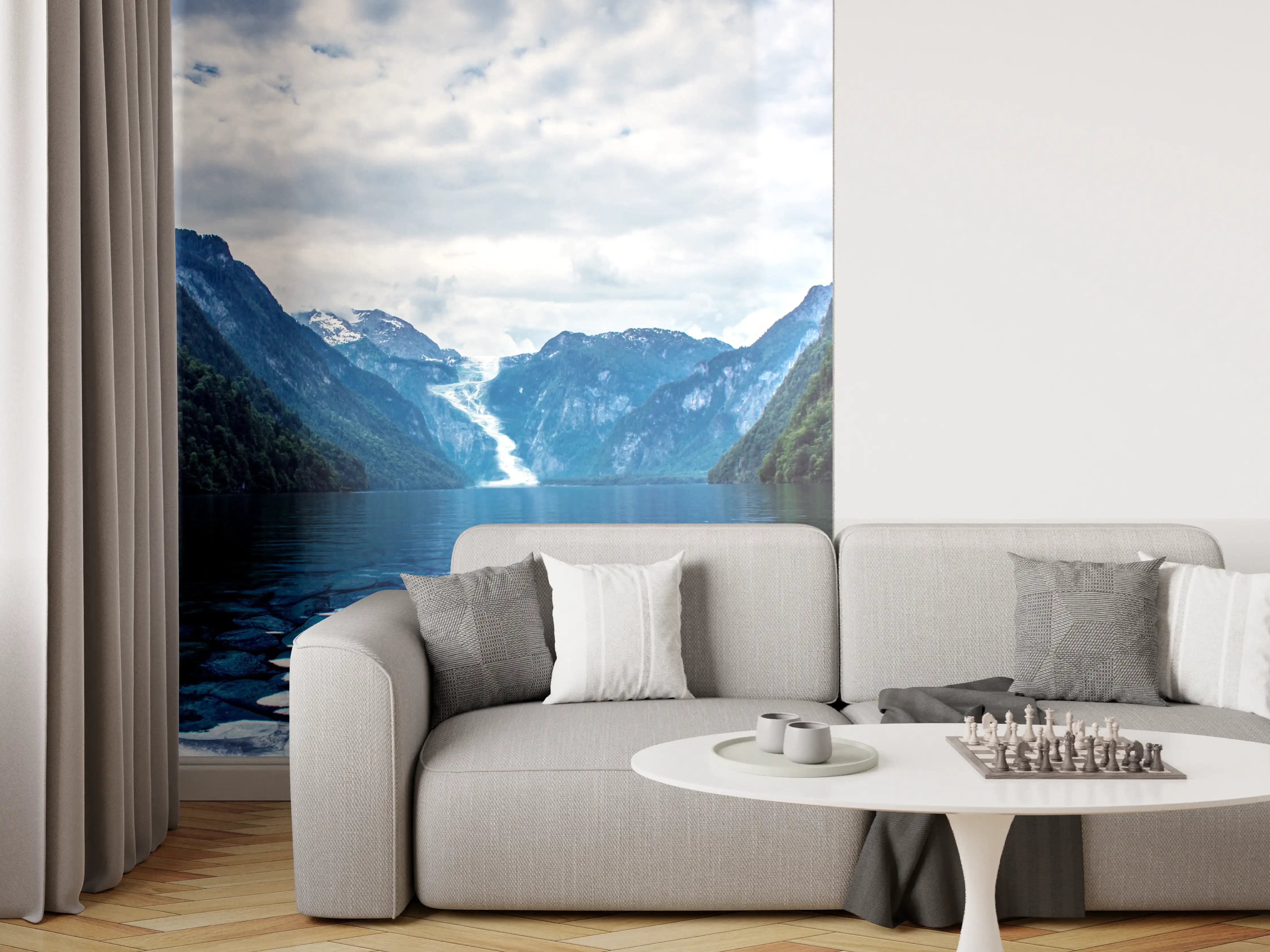 Wandverkleidung Wohnzimmer - Spektakuläre Berg- und Seelandschaft mit Wasserfall