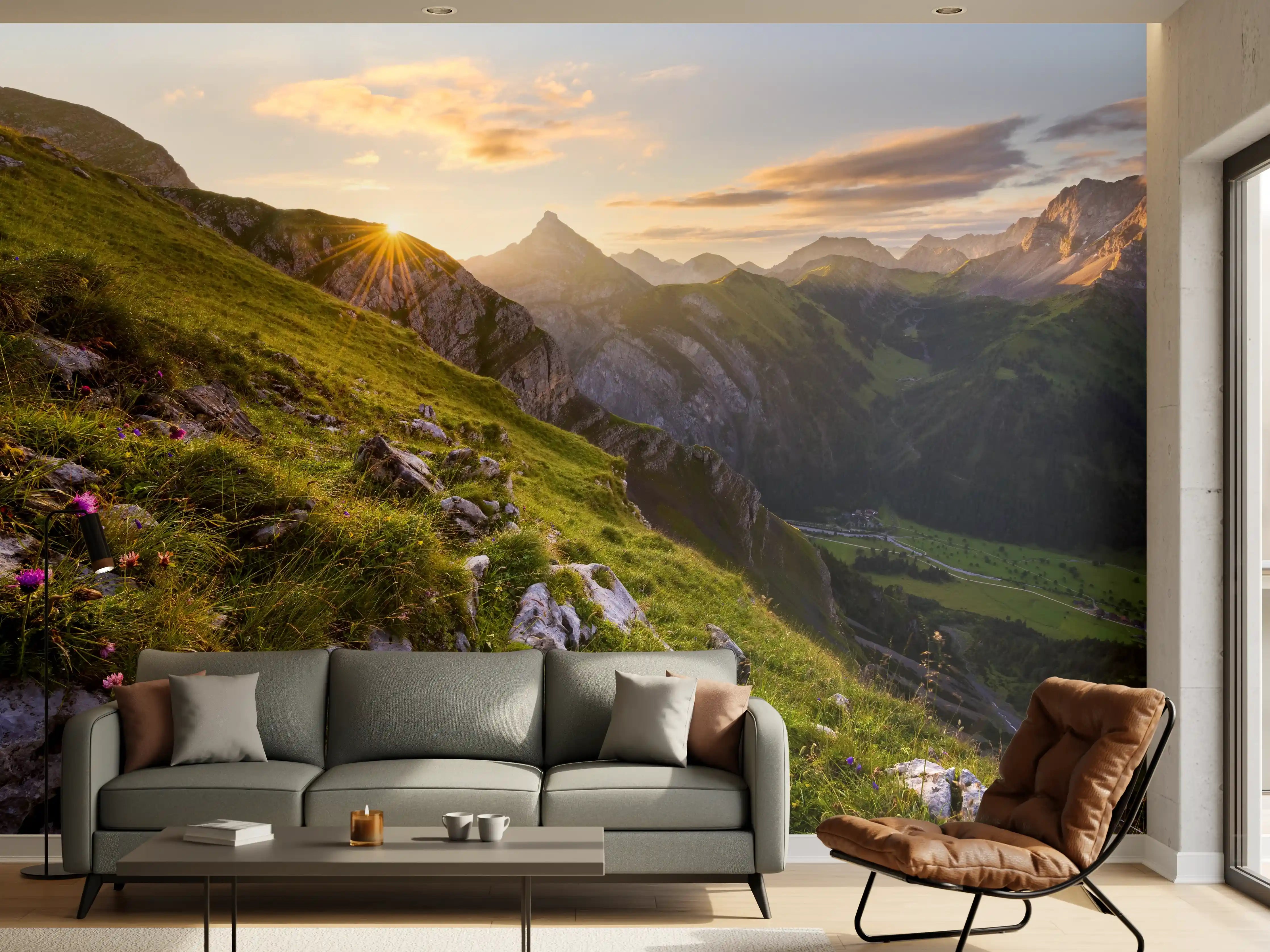 Wandverkleidung Wohnzimmer - Spektakuläre Berglandschaft bei Sonnenaufgang
