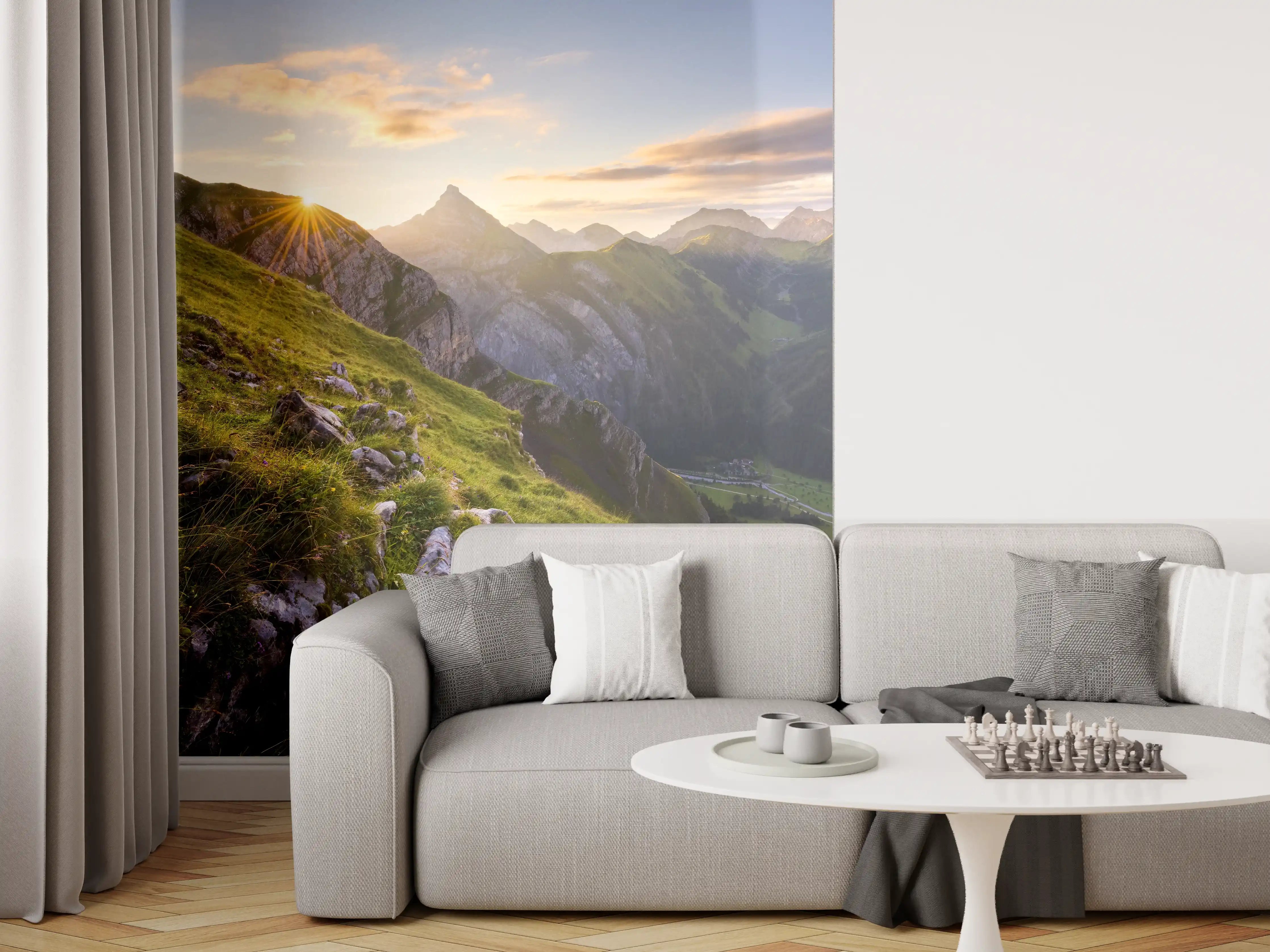 Wandverkleidung Wohnzimmer - Spektakuläre Berglandschaft bei Sonnenaufgang