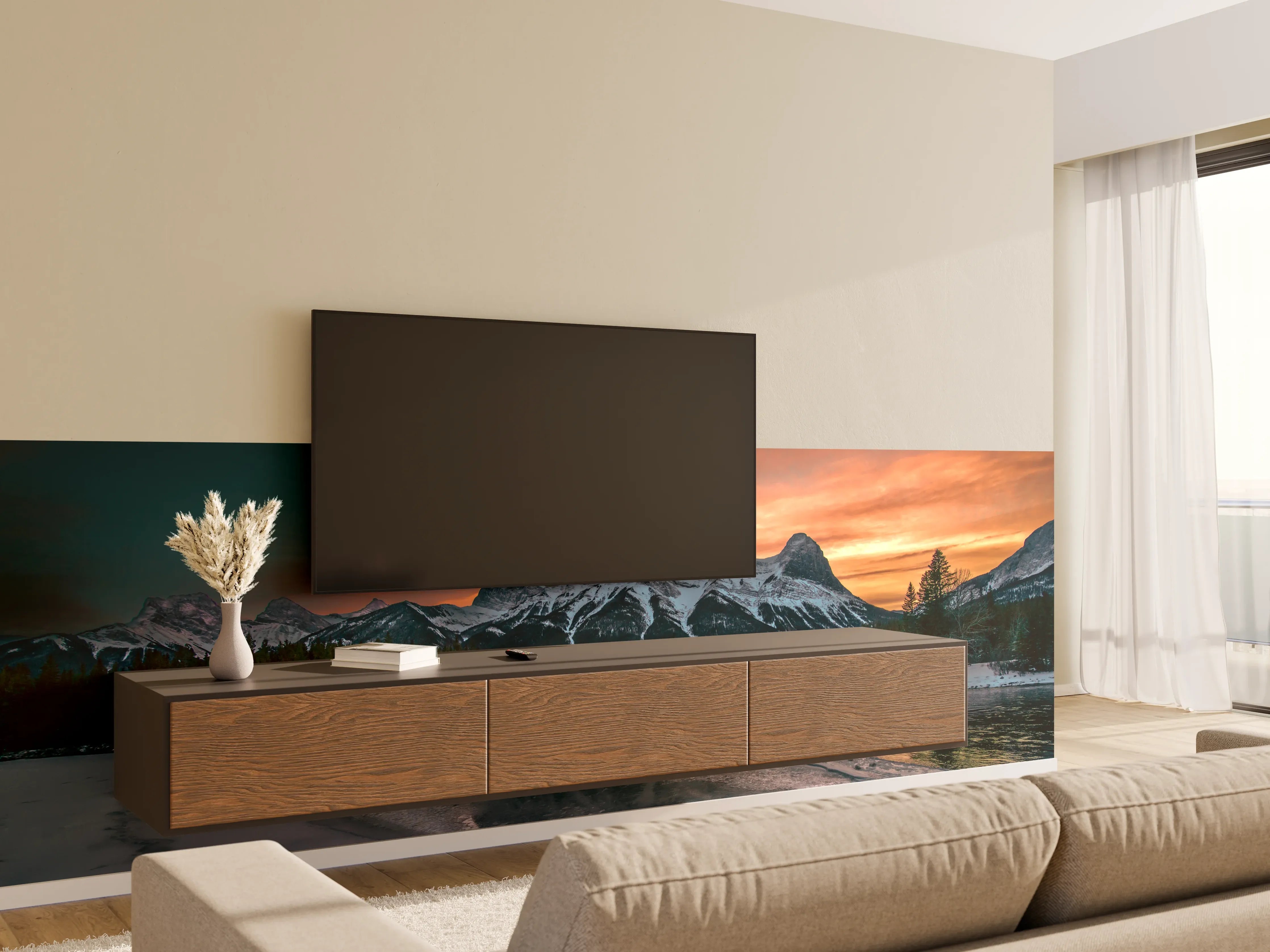 Wandverkleidung Wohnzimmer - Spektakuläre Berglandschaft bei Sonnenuntergang