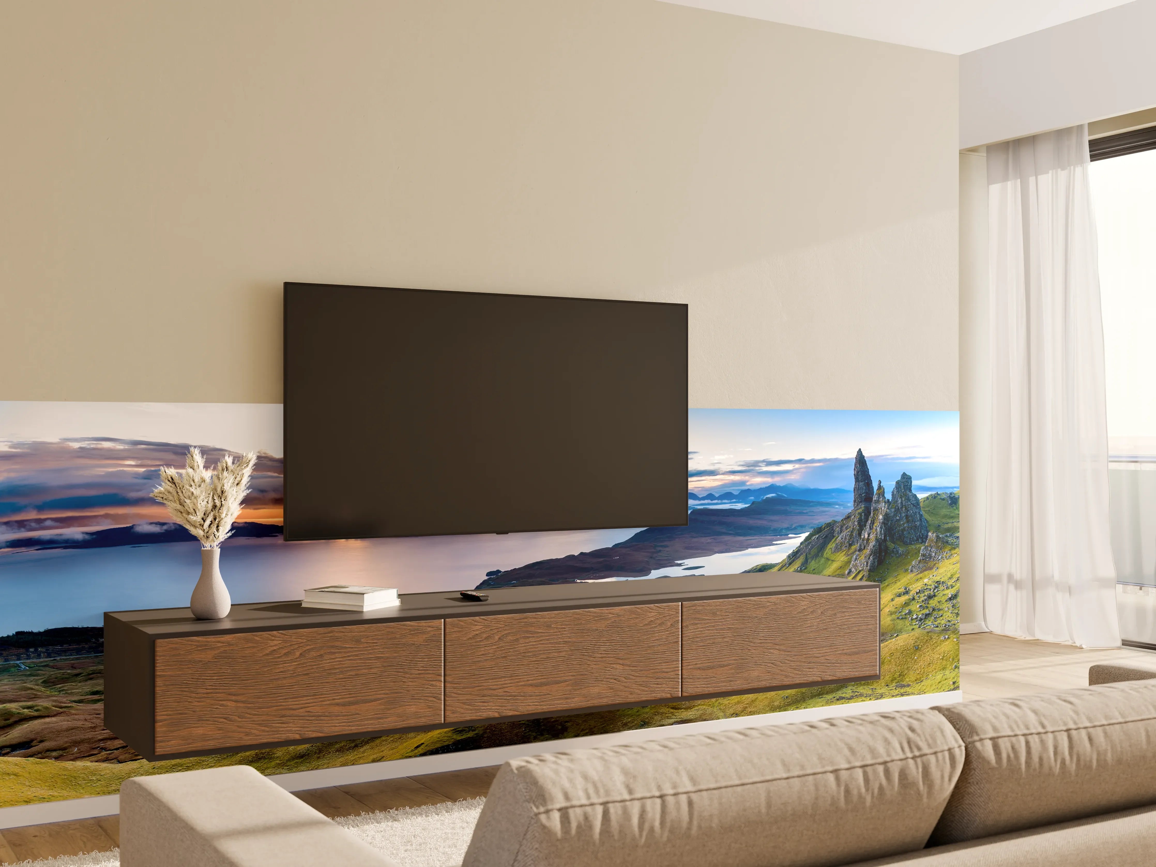 Wandverkleidung Wohnzimmer - Spektakuläre Landschaft mit Gipfeln und Wasser