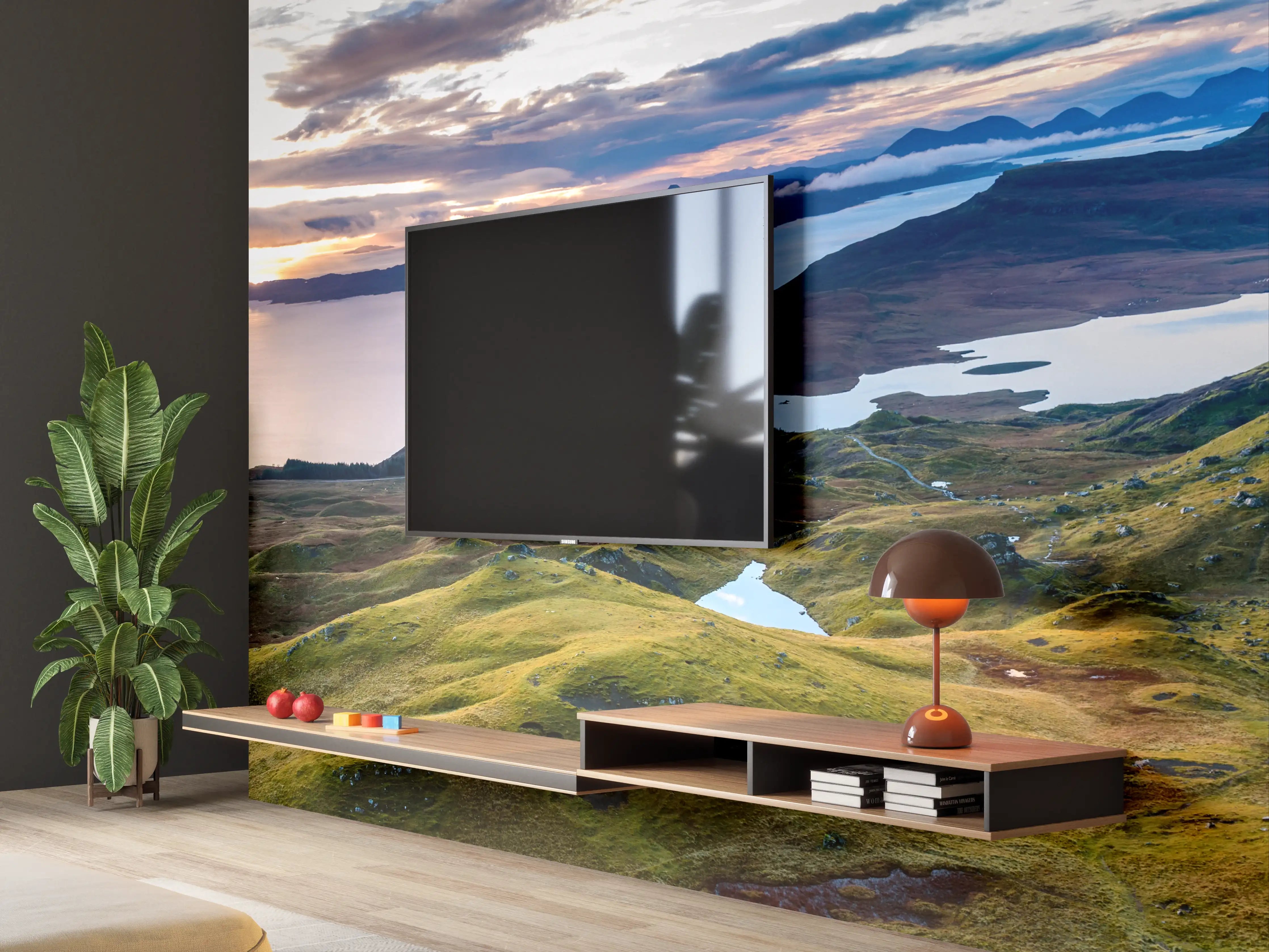 Wandverkleidung Wohnzimmer - Spektakuläre Landschaft mit Gipfeln und Wasser