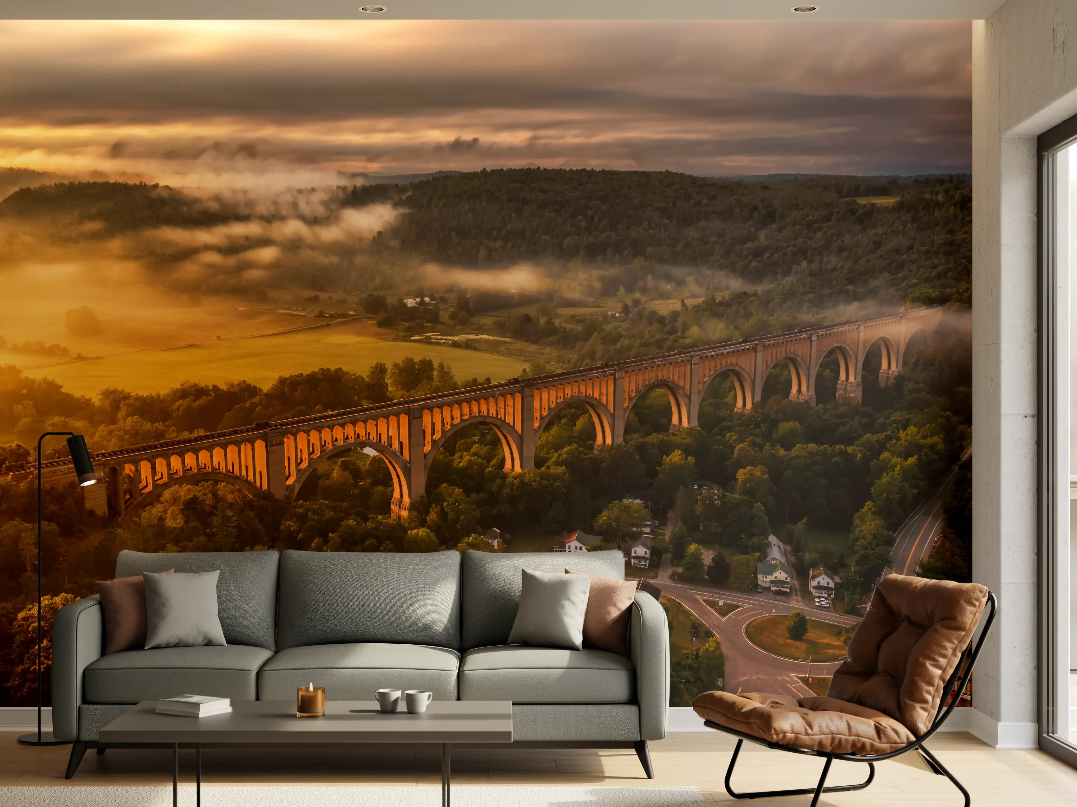 Wandverkleidung Wohnzimmer - Spektakuläre Zugbrücke in Morgenstimmung