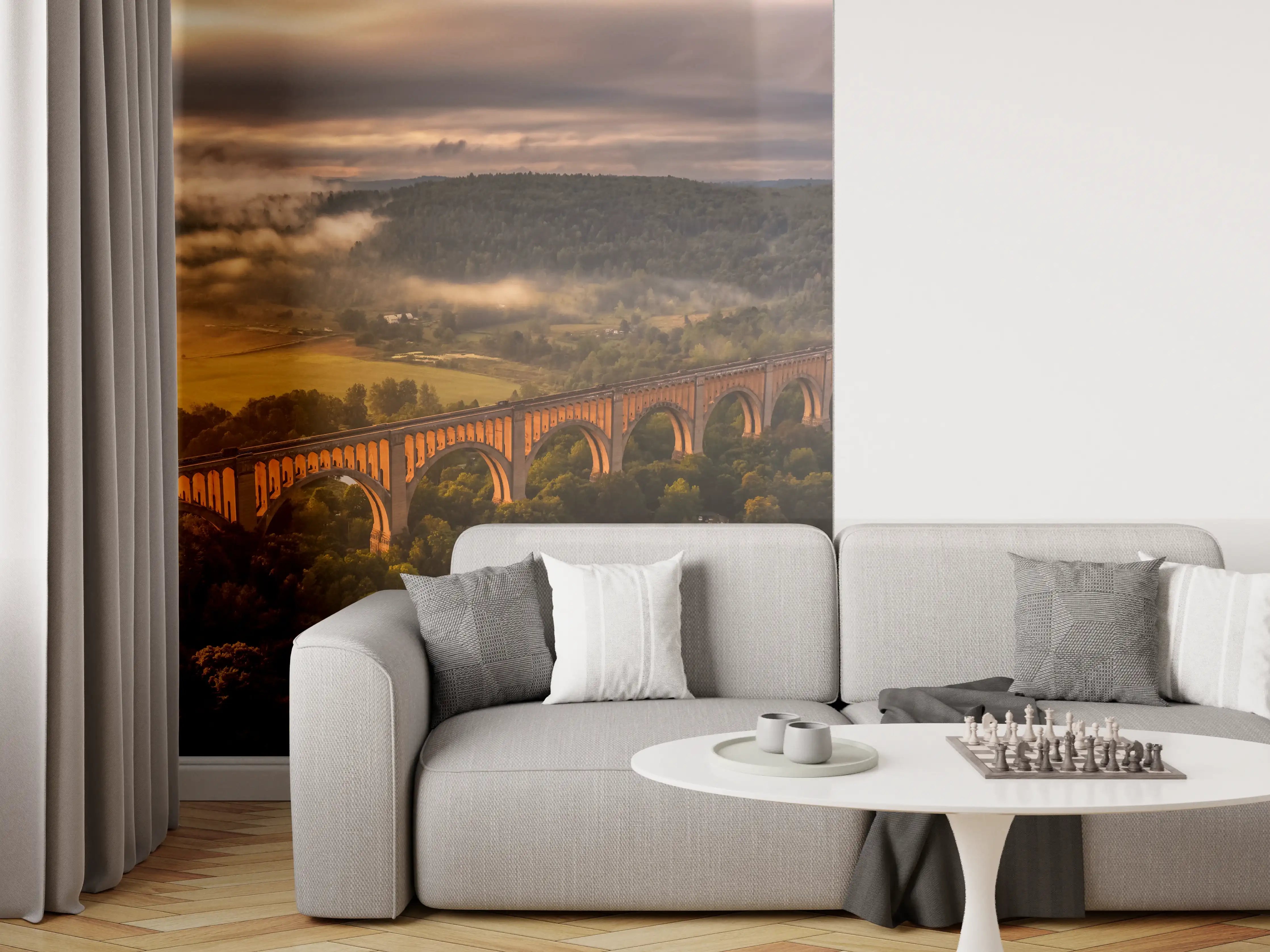 Wandverkleidung Wohnzimmer - Spektakuläre Zugbrücke in Morgenstimmung