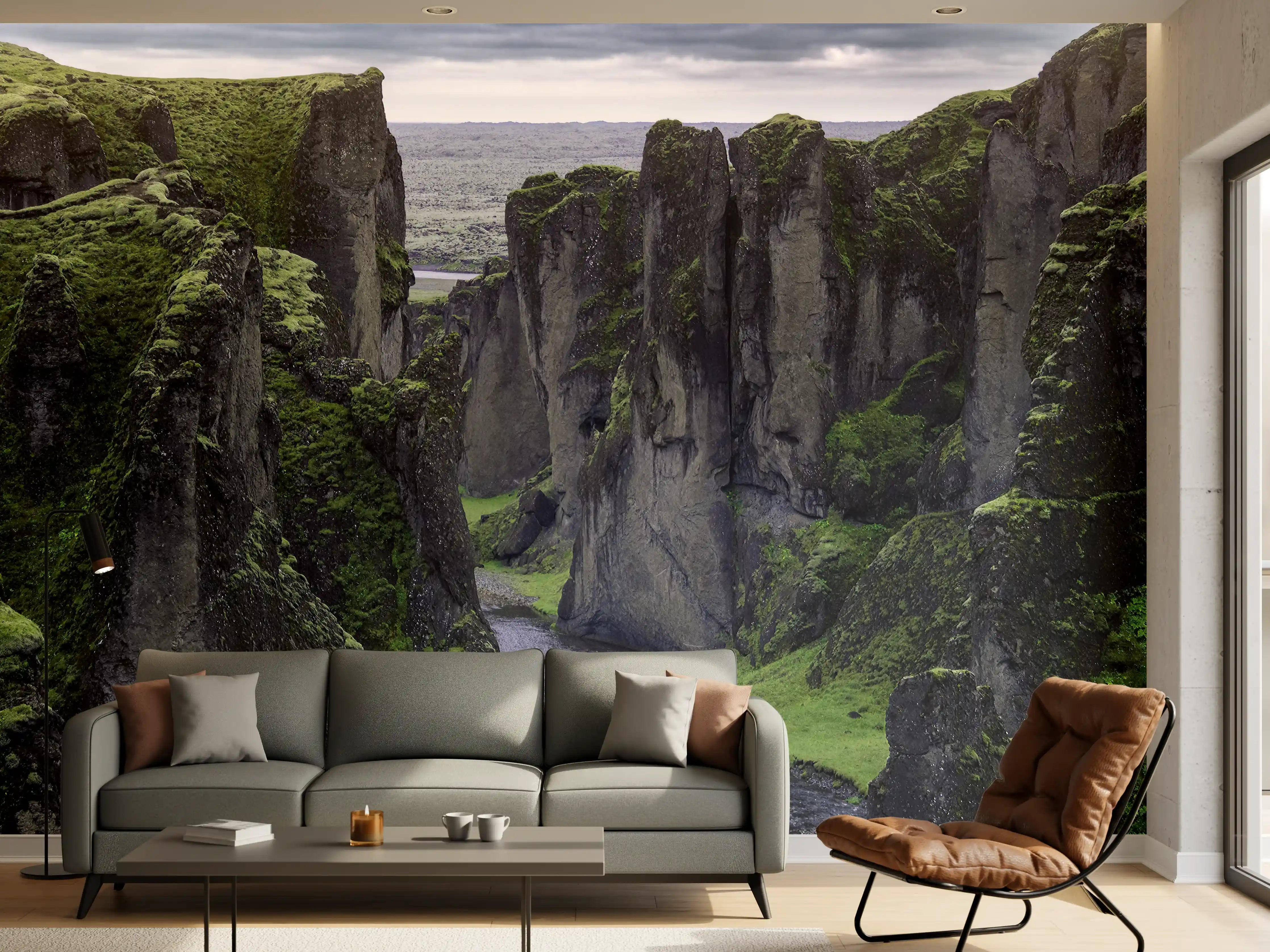 Wandverkleidung Wohnzimmer - Spektakulärer Blick auf die grünen Felsformationen