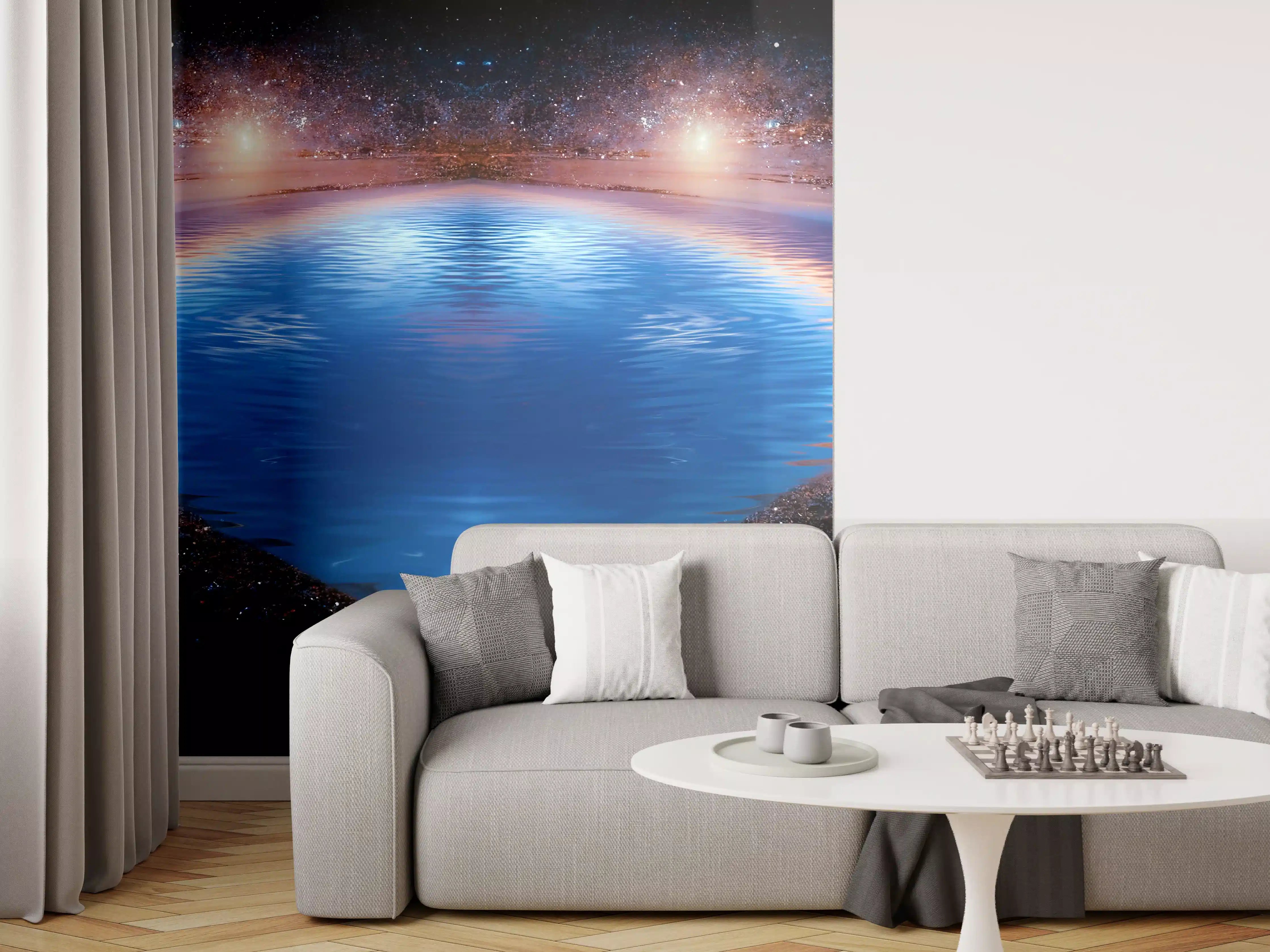 Wandverkleidung Wohnzimmer - Spektakulärer Blick ins Weltall mit Wasser-Reflexion