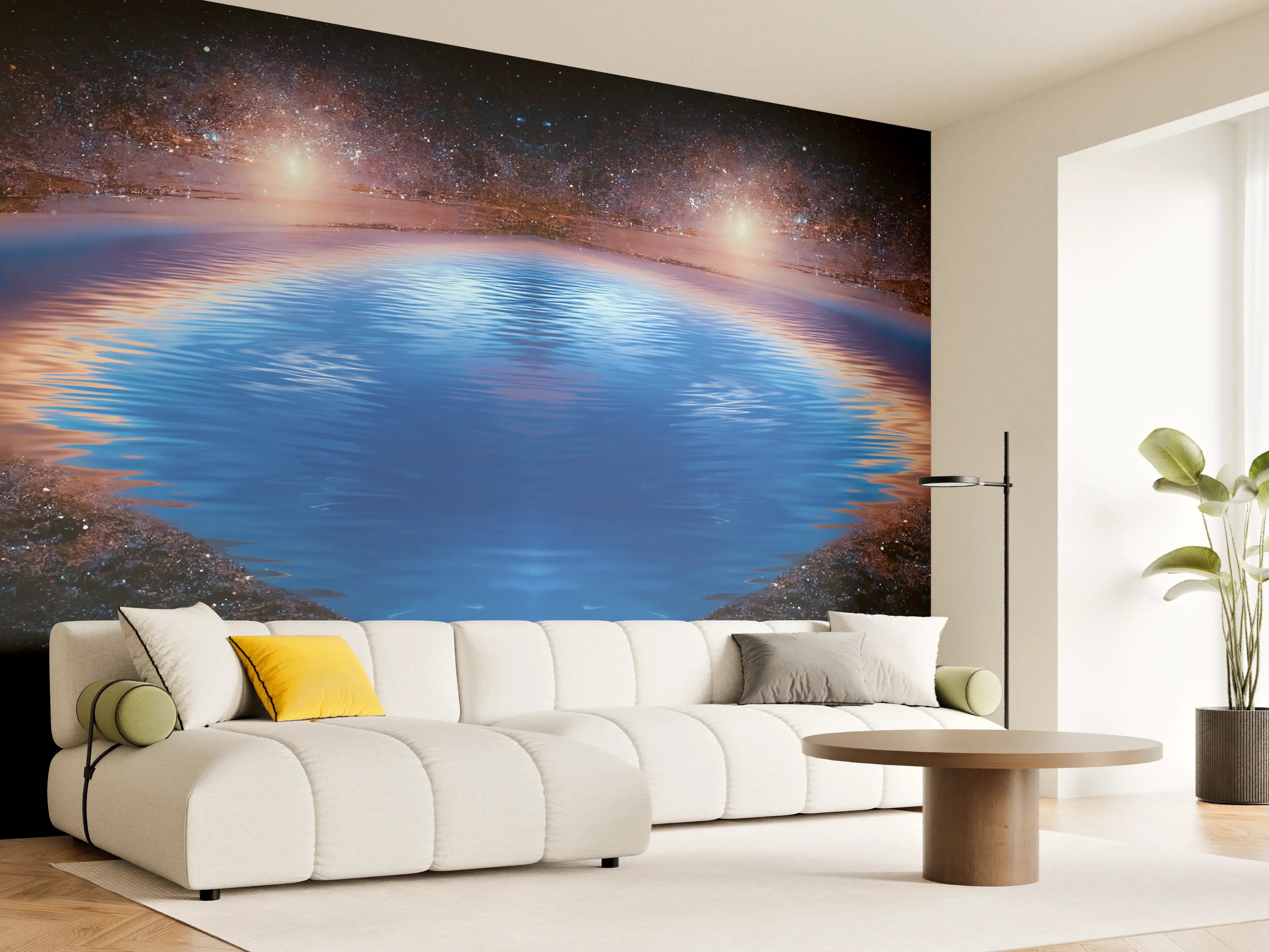 Wandverkleidung Wohnzimmer - Spektakulärer Blick ins Weltall mit Wasser-Reflexion