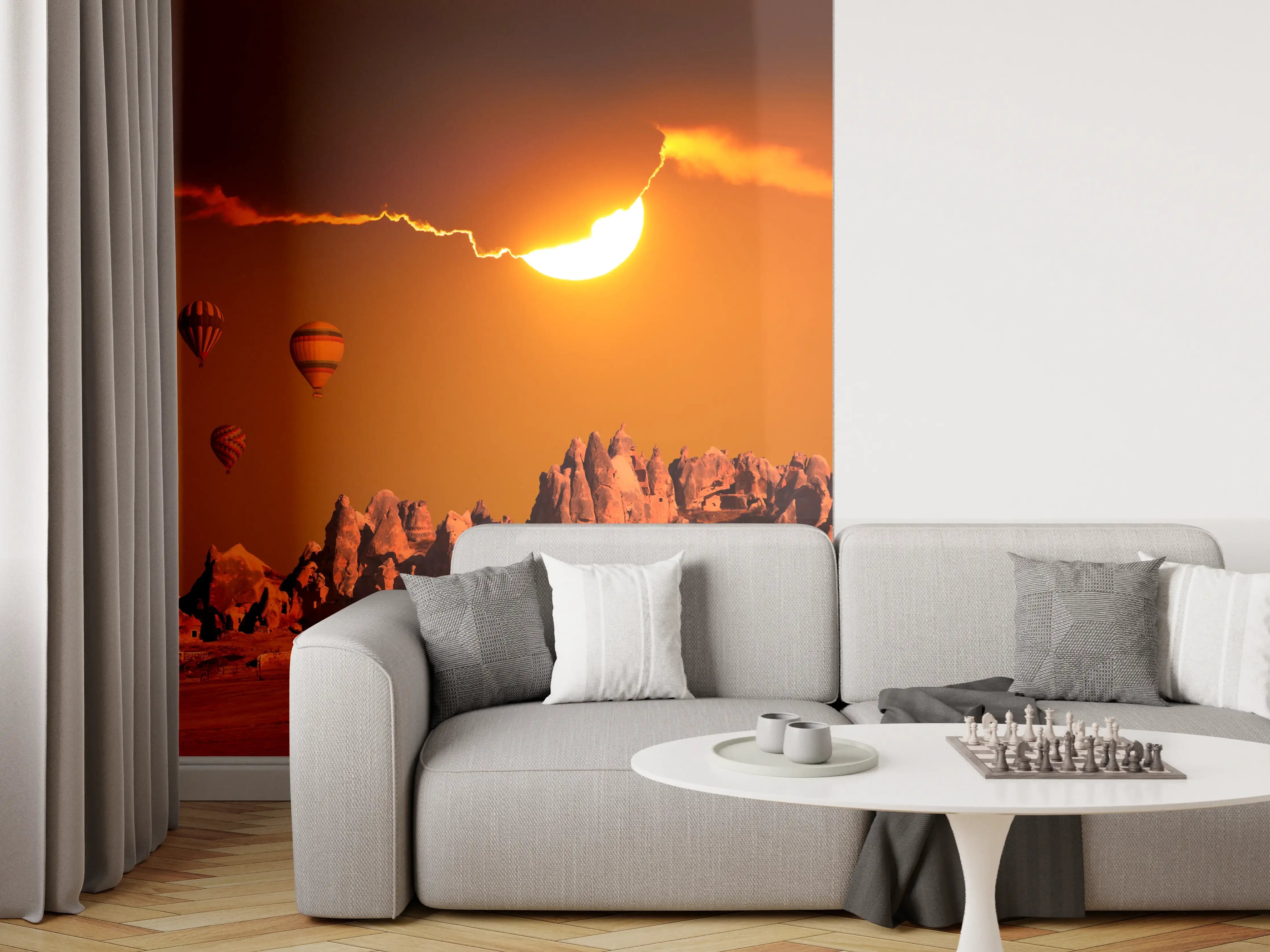 Wandverkleidung Wohnzimmer - Spektakulärer Sonnenuntergang mit Heißluftballons