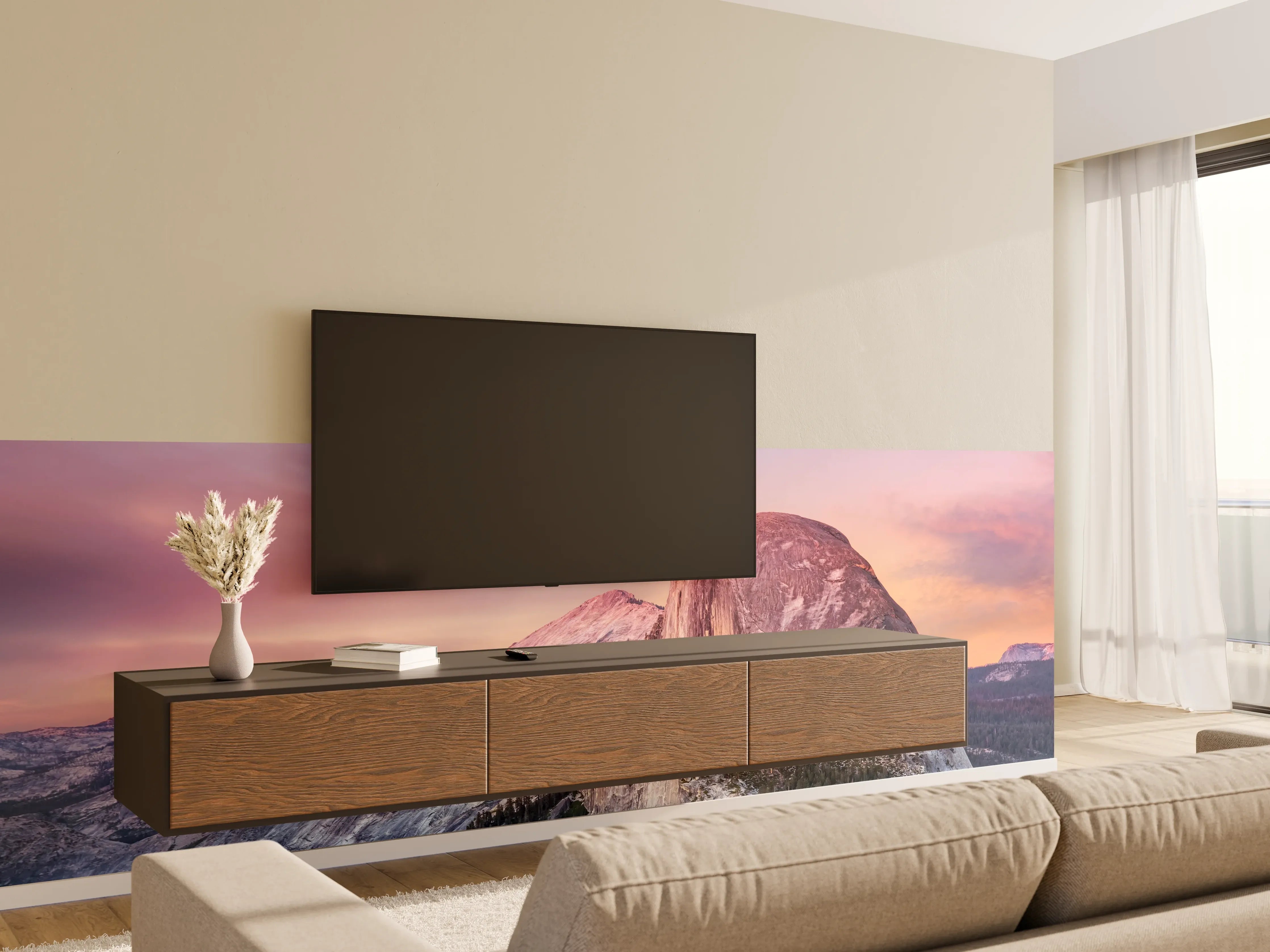Wandverkleidung Wohnzimmer - Spektakulärer Sonnenuntergang über den Bergen