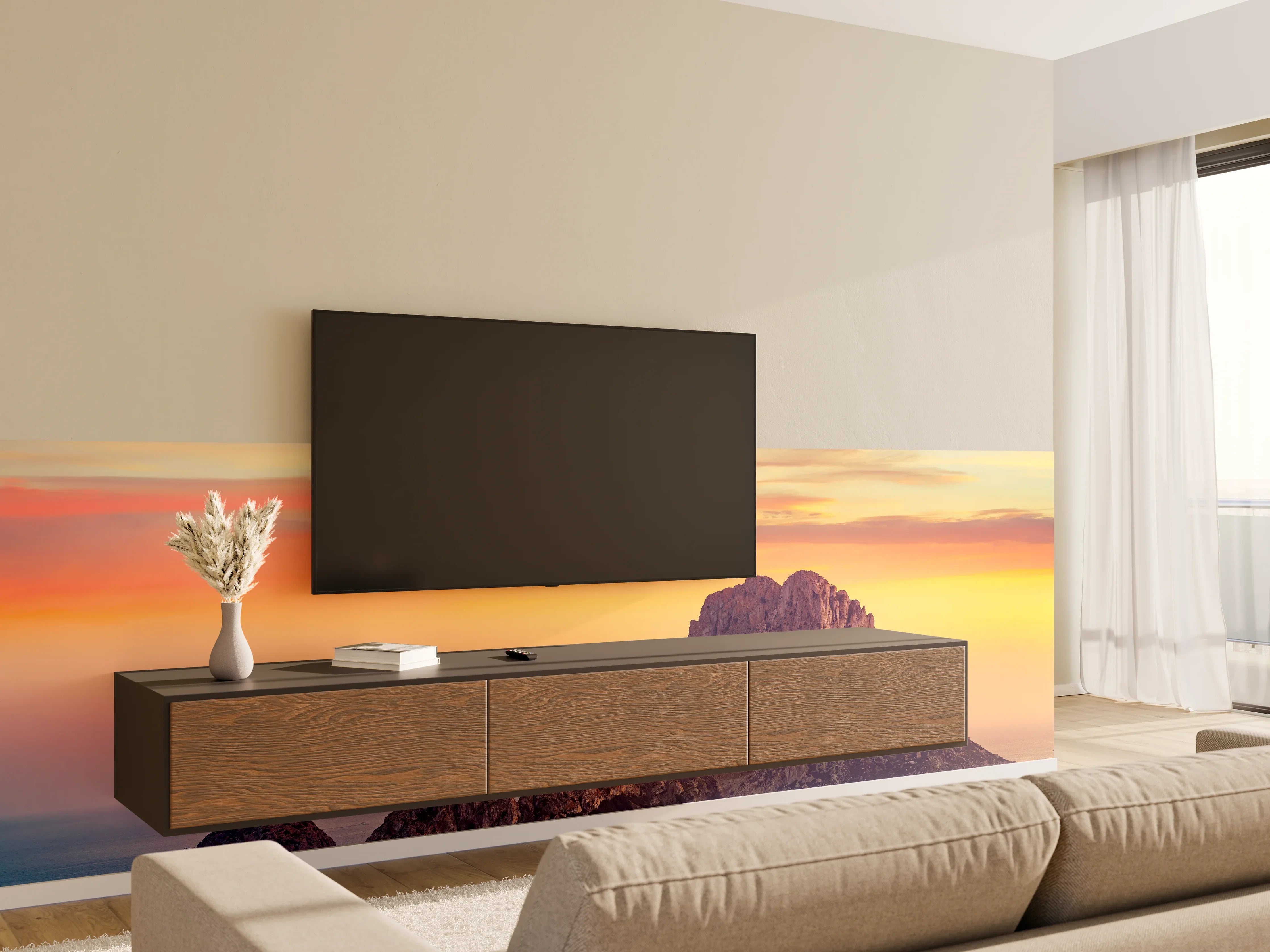 Wandverkleidung Wohnzimmer - Spektakulärer Sonnenuntergang über einem FelsenInsel