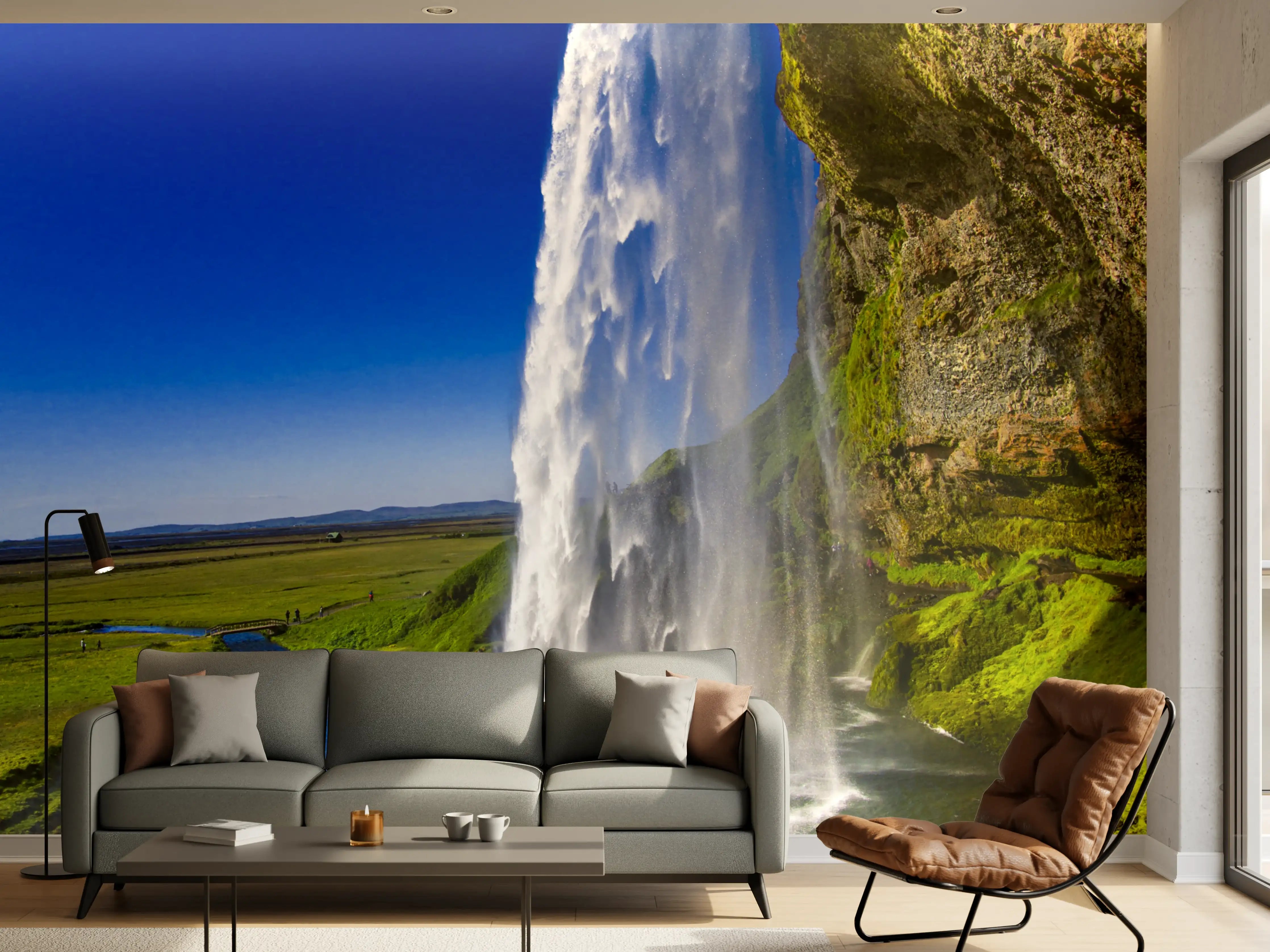 Wandverkleidung Wohnzimmer - Spektakulärer Wasserfall in natürlicher Umgebung
