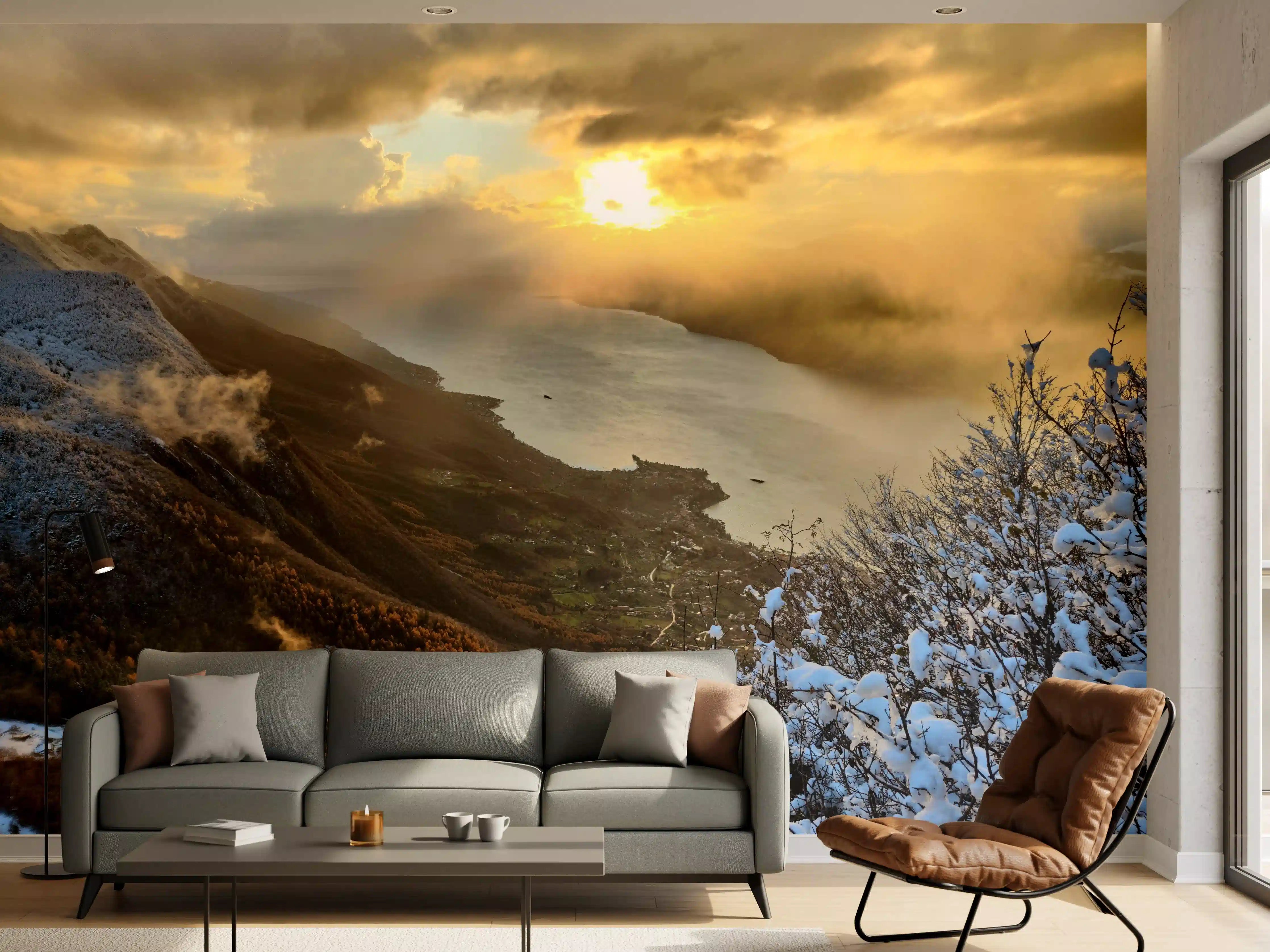 Wandverkleidung Wohnzimmer - Spektakuläres Berg- und Seelandschaftsbild bei Sonnenuntergang