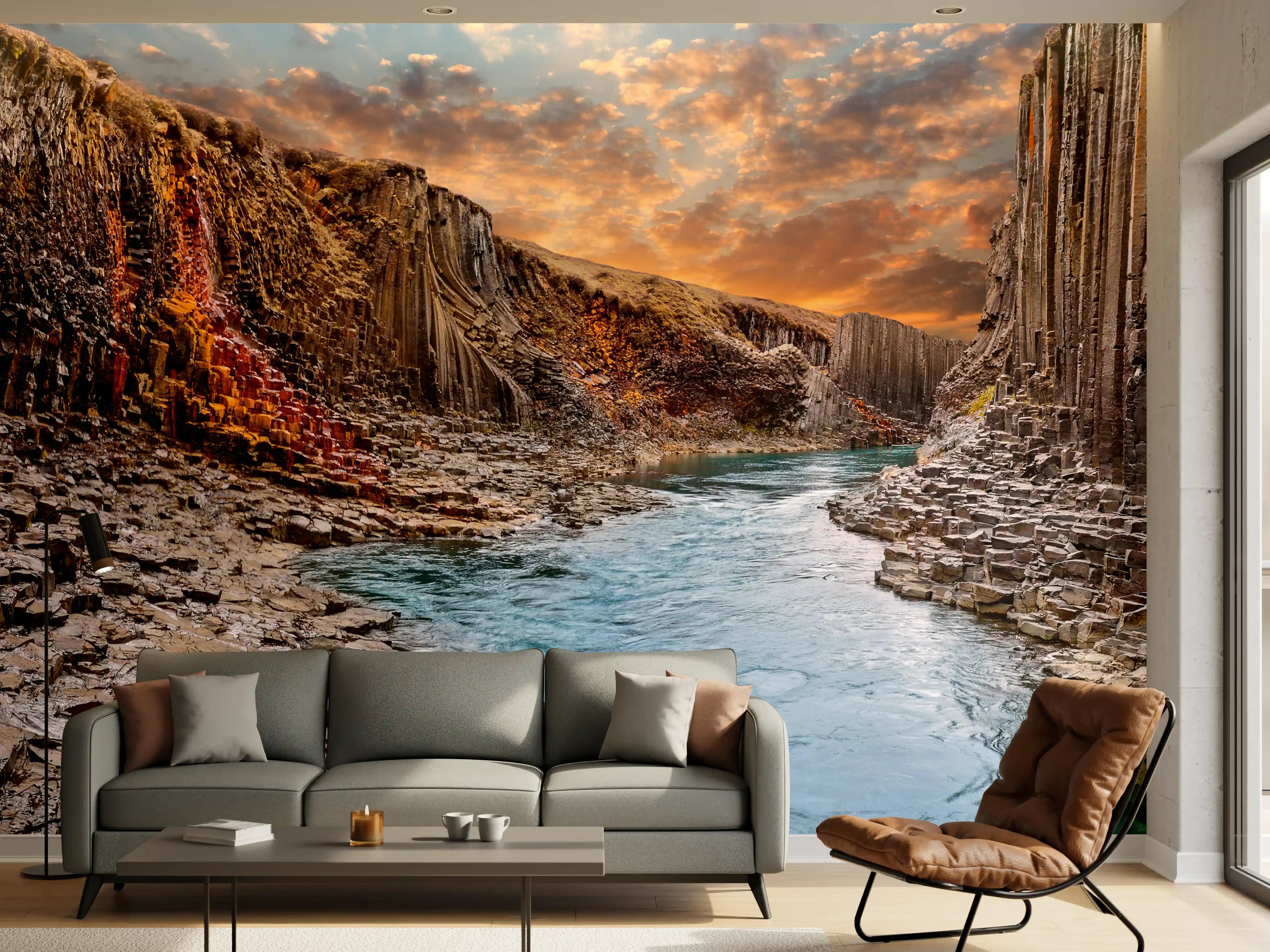 Wandverkleidung Wohnzimmer - Spektakuläres Fjordpanorama bei Sonnenuntergang