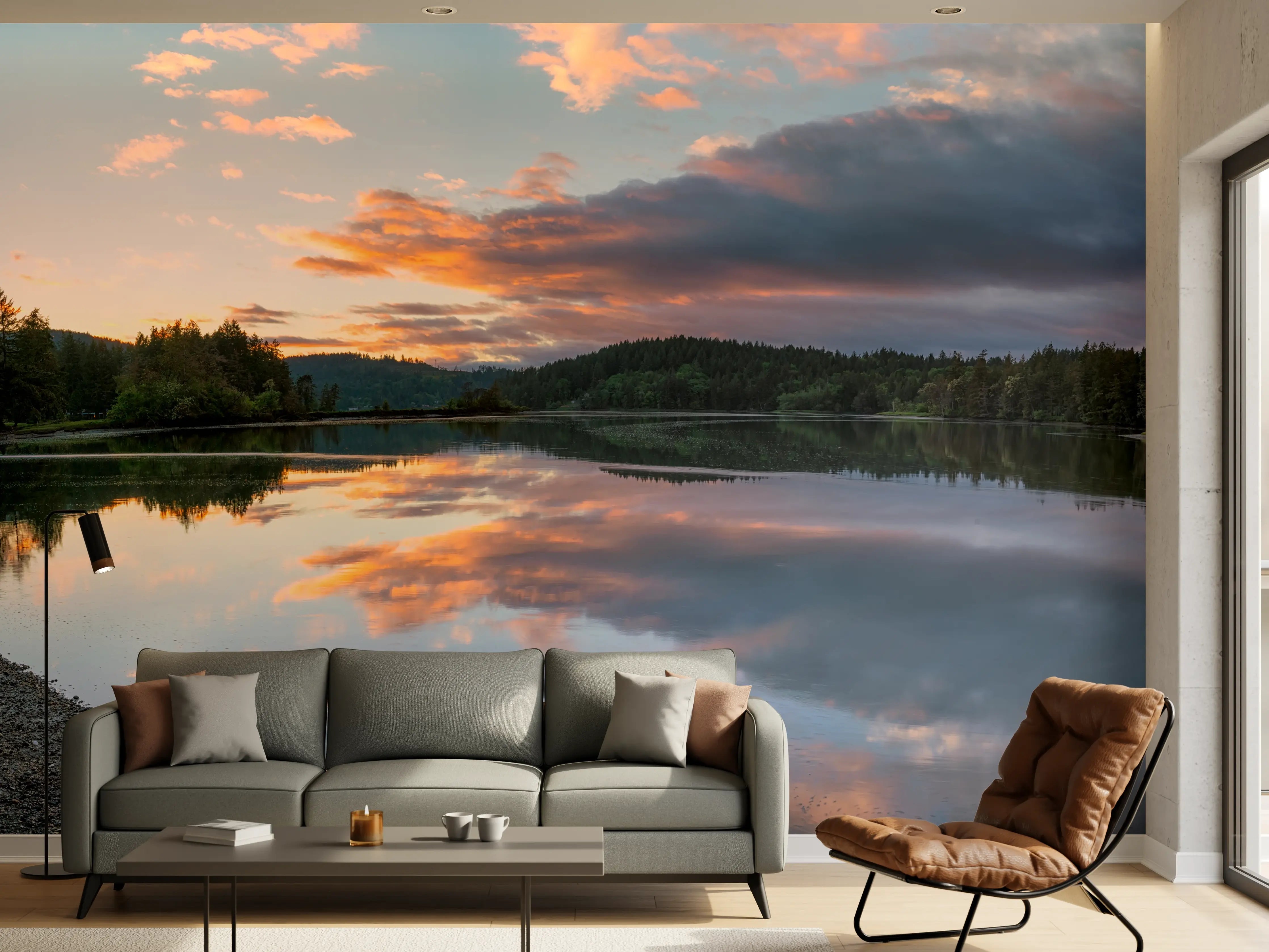 Wandverkleidung Wohnzimmer - Spiegelnder See im Sonnenuntergang