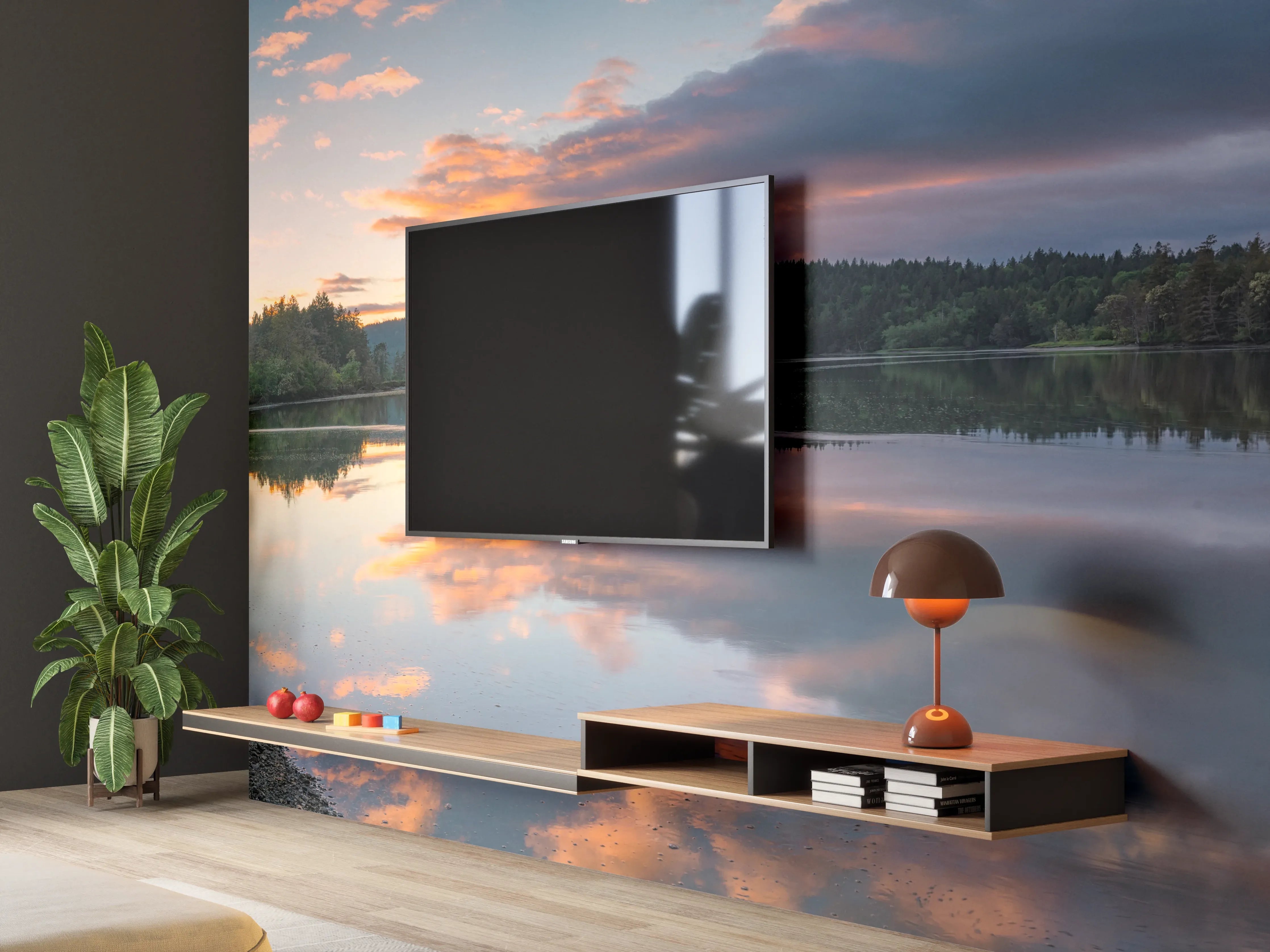 Wandverkleidung Wohnzimmer - Spiegelnder See im Sonnenuntergang