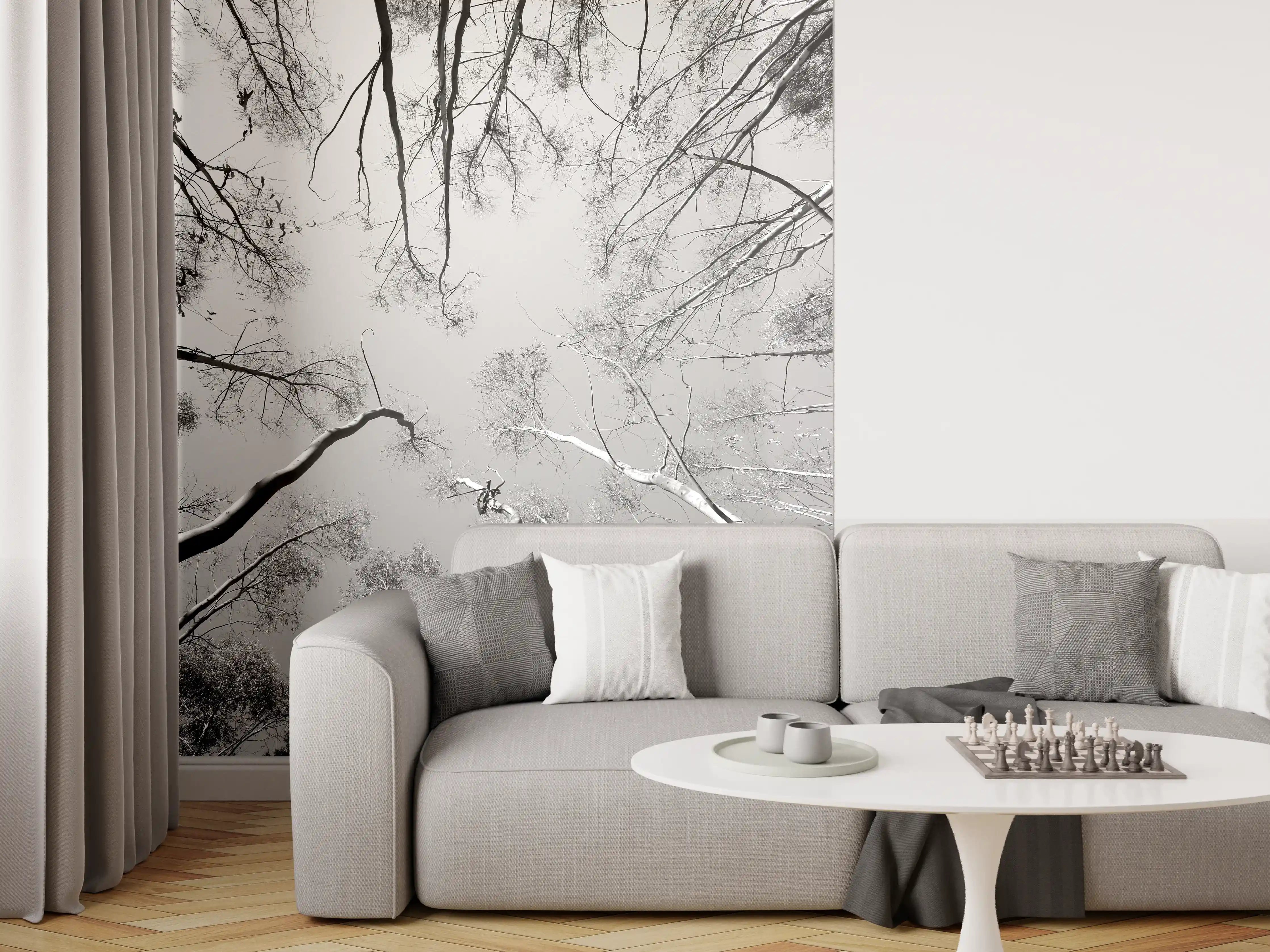 Wandverkleidung Wohnzimmer - Spiegelverkehrter Blick in den Himmel mit Baumkronen