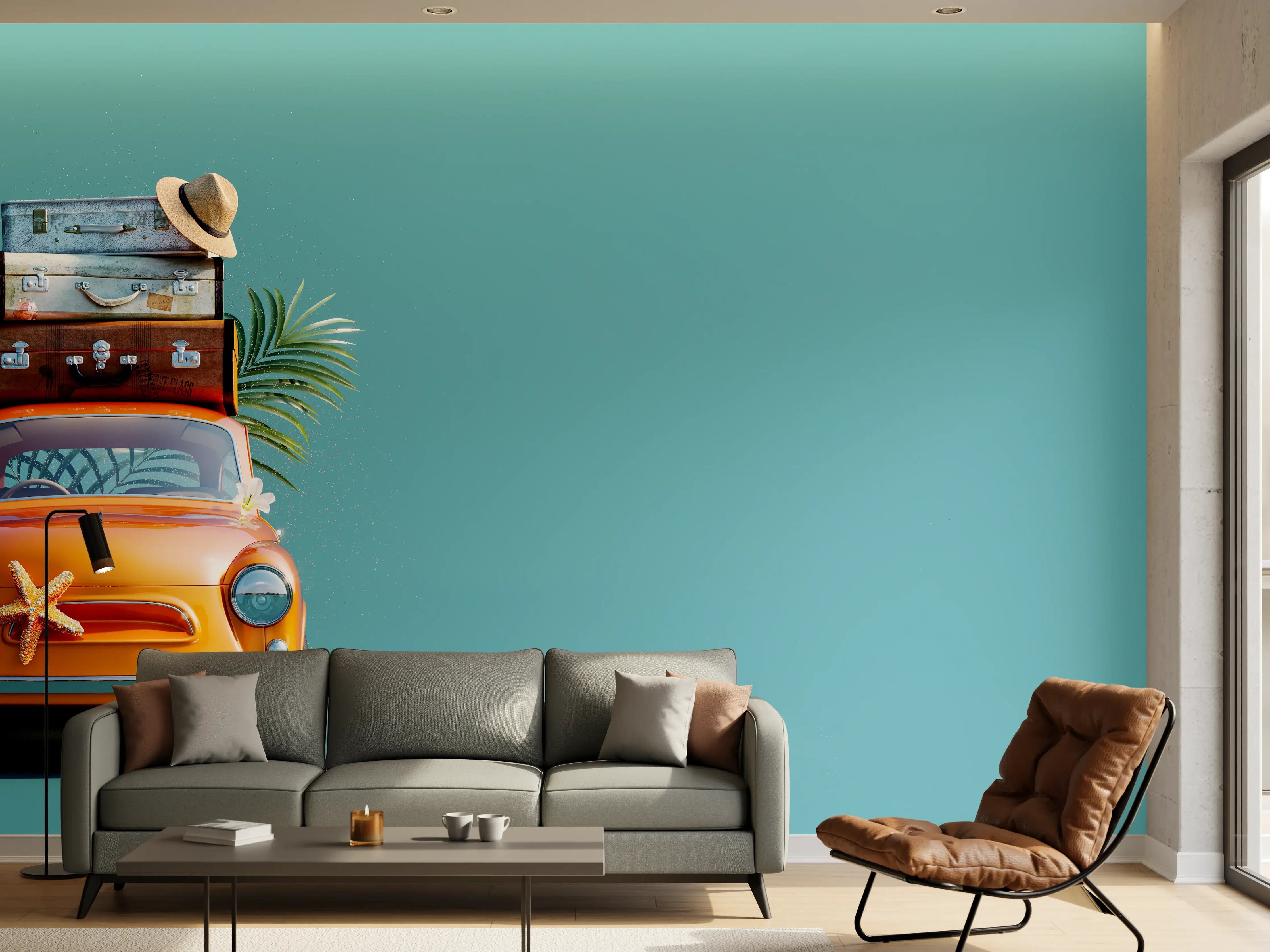 Wandverkleidung Wohnzimmer - Spielzeugauto mit Reisegepäck - blauer Hintergrund