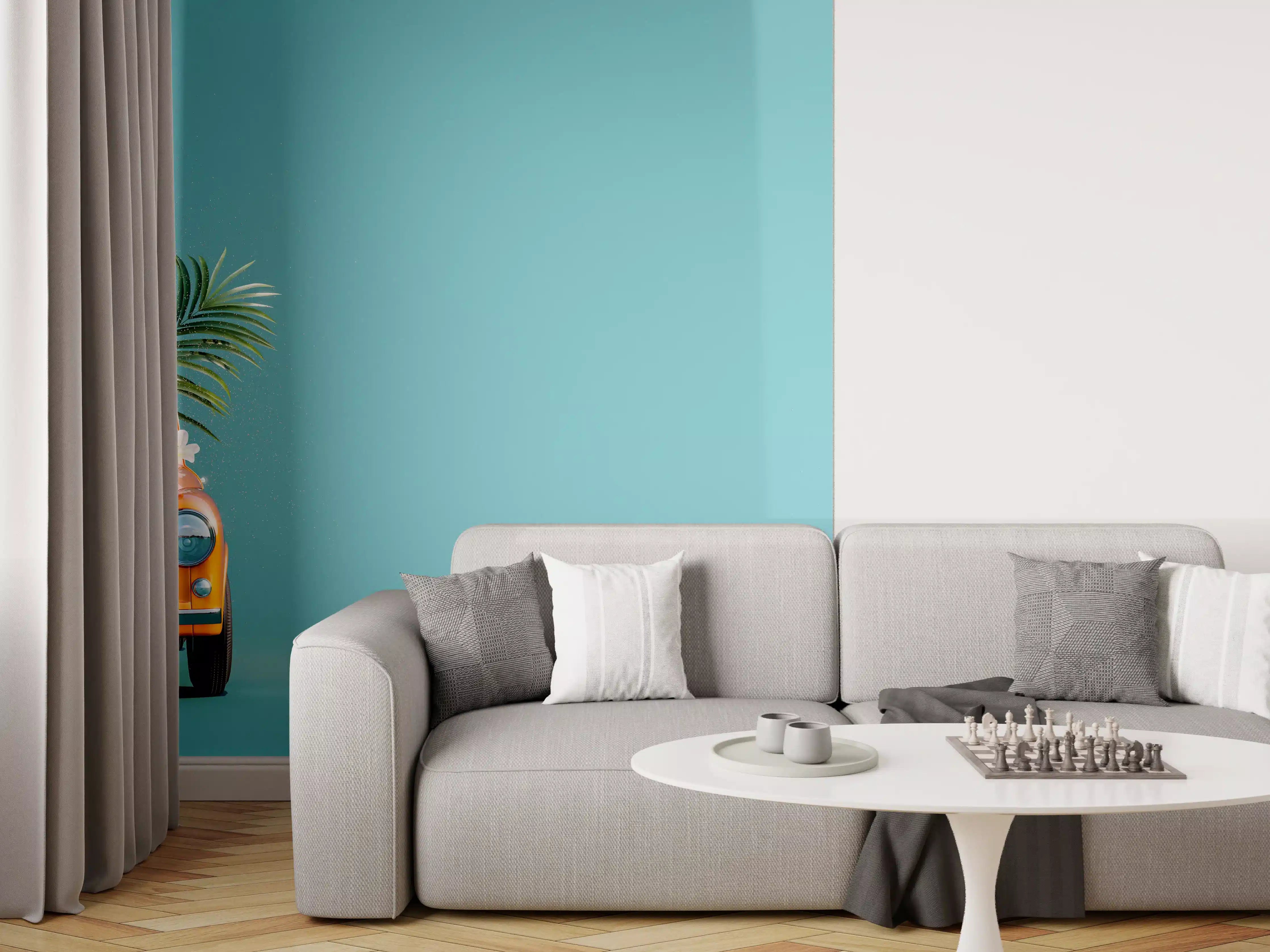 Wandverkleidung Wohnzimmer - Spielzeugauto mit Reisegepäck - blauer Hintergrund