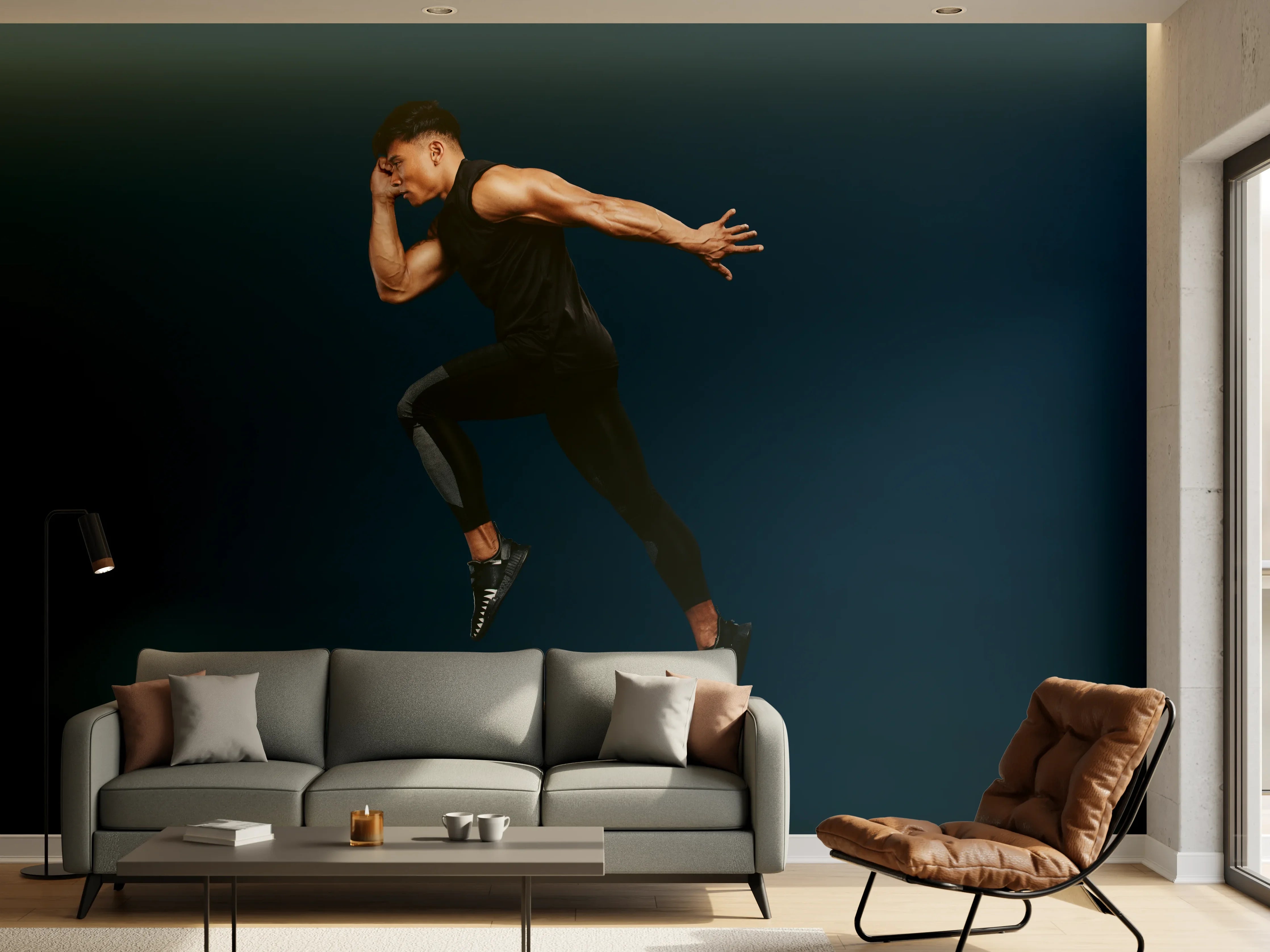 Wandverkleidung Wohnzimmer - Sportler bei einem Sprung
