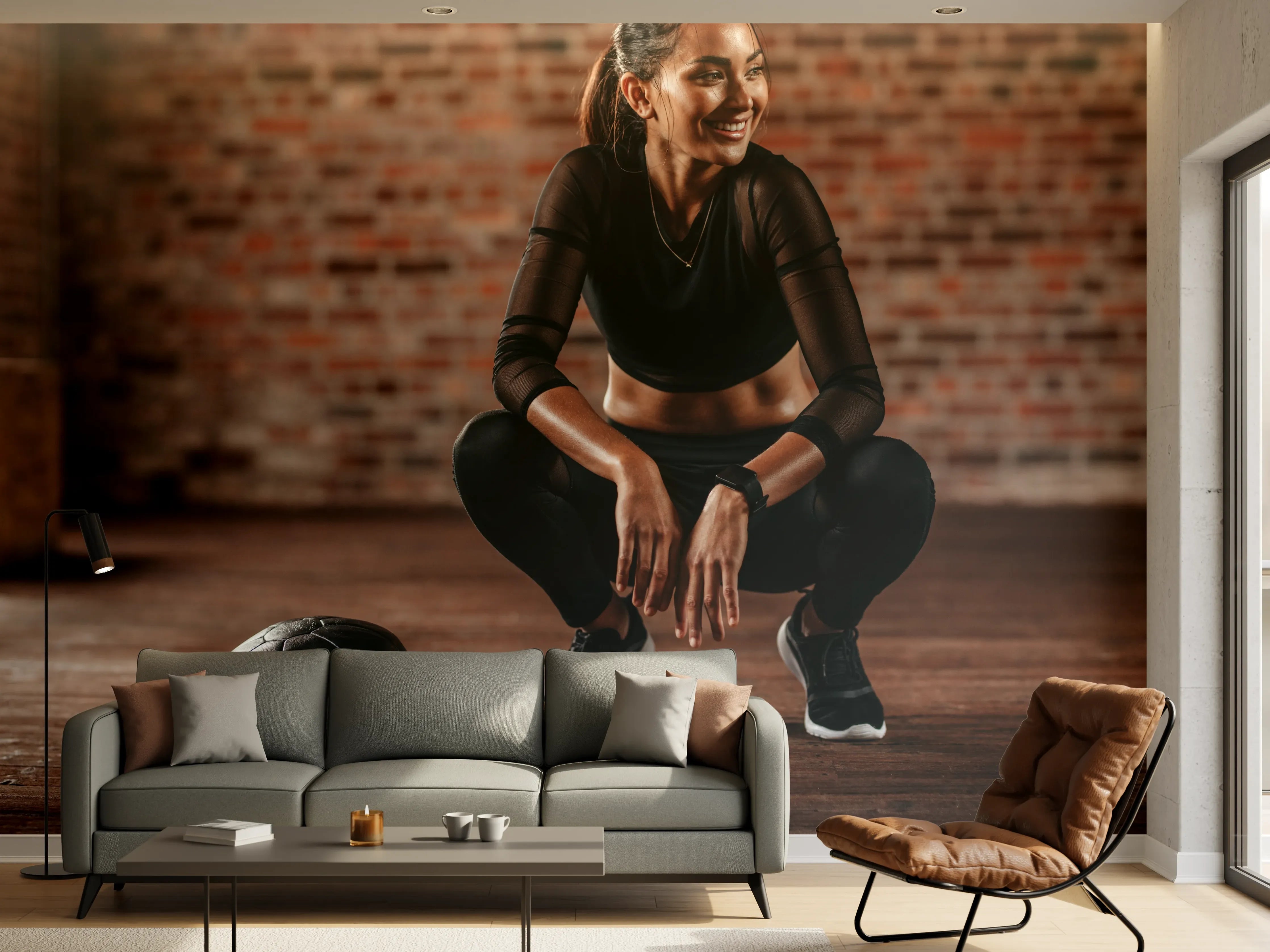 Wandverkleidung Wohnzimmer - Sportlerin in der Hocke