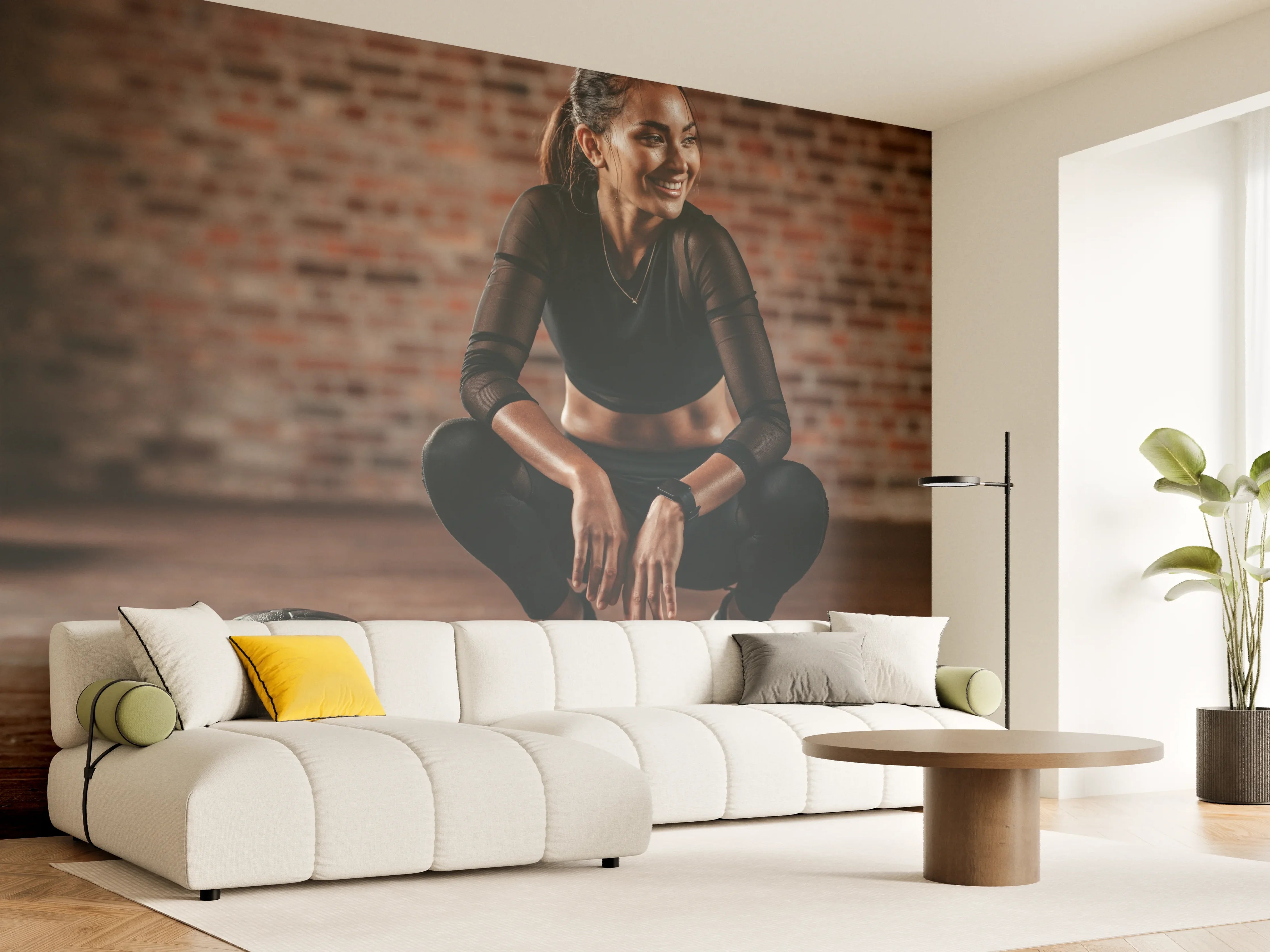 Wandverkleidung Wohnzimmer - Sportlerin in der Hocke
