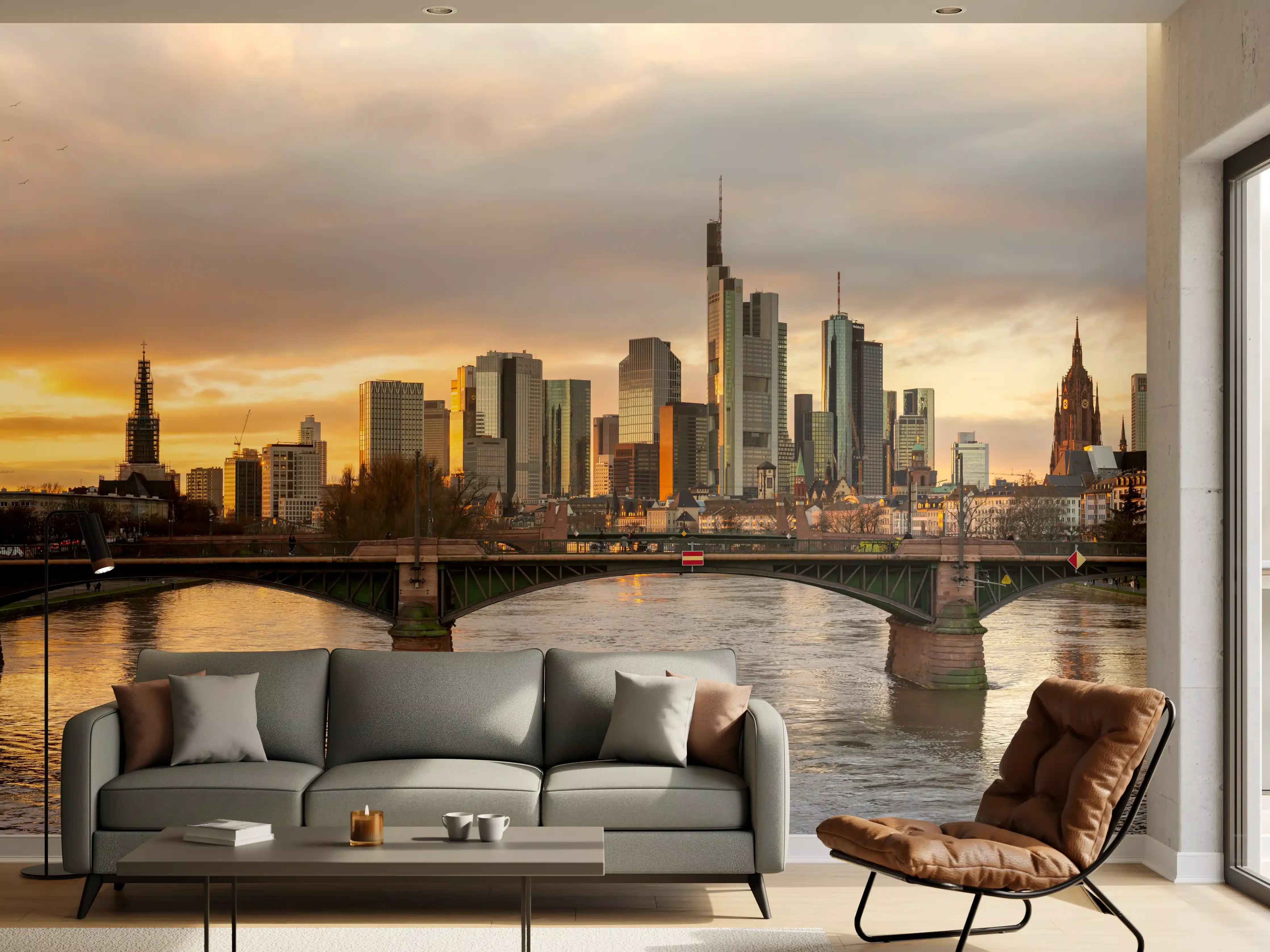 Wandverkleidung Wohnzimmer - Stadt-Skyline im Abendlicht