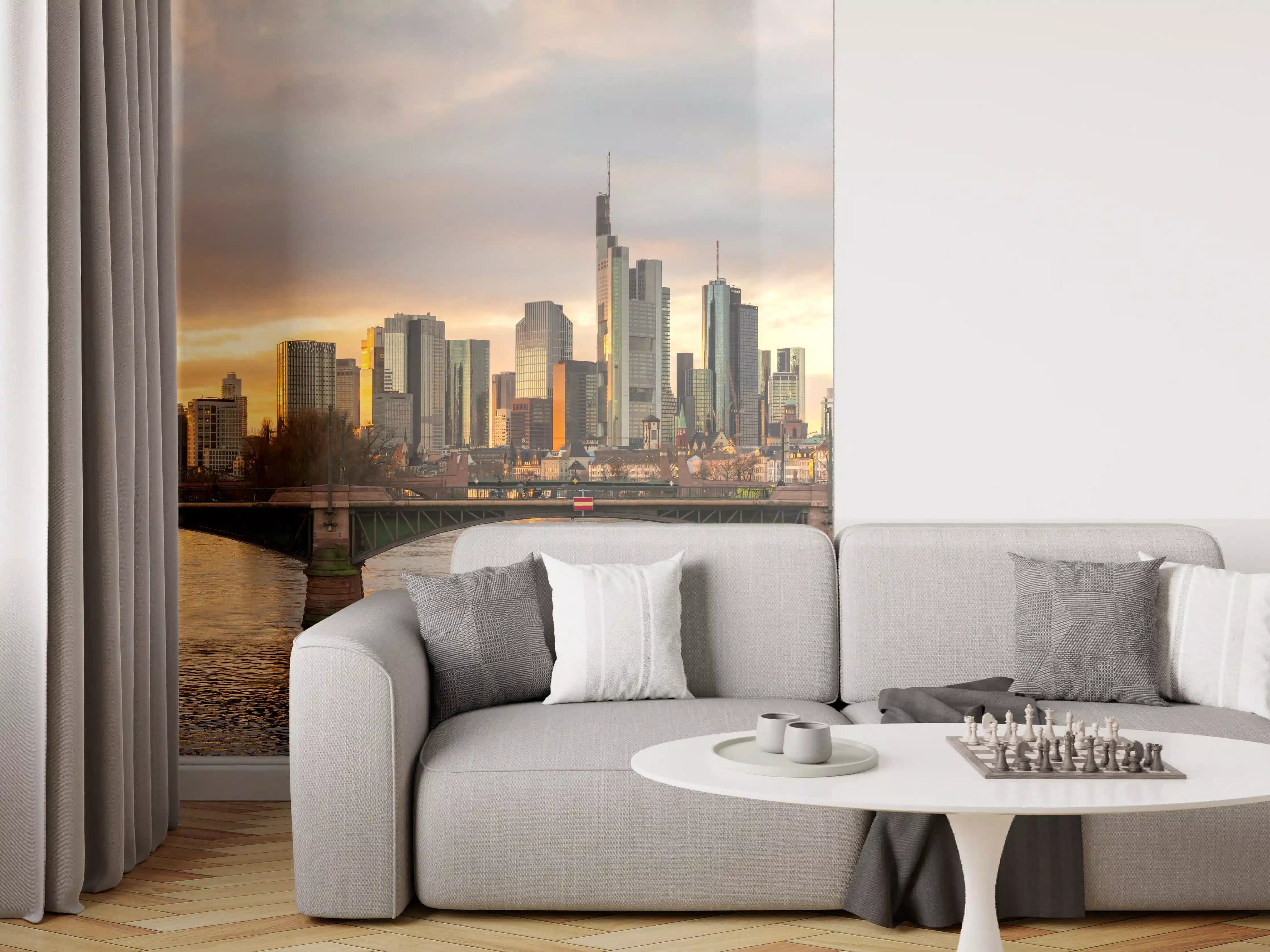Wandverkleidung Wohnzimmer - Stadt-Skyline im Abendlicht