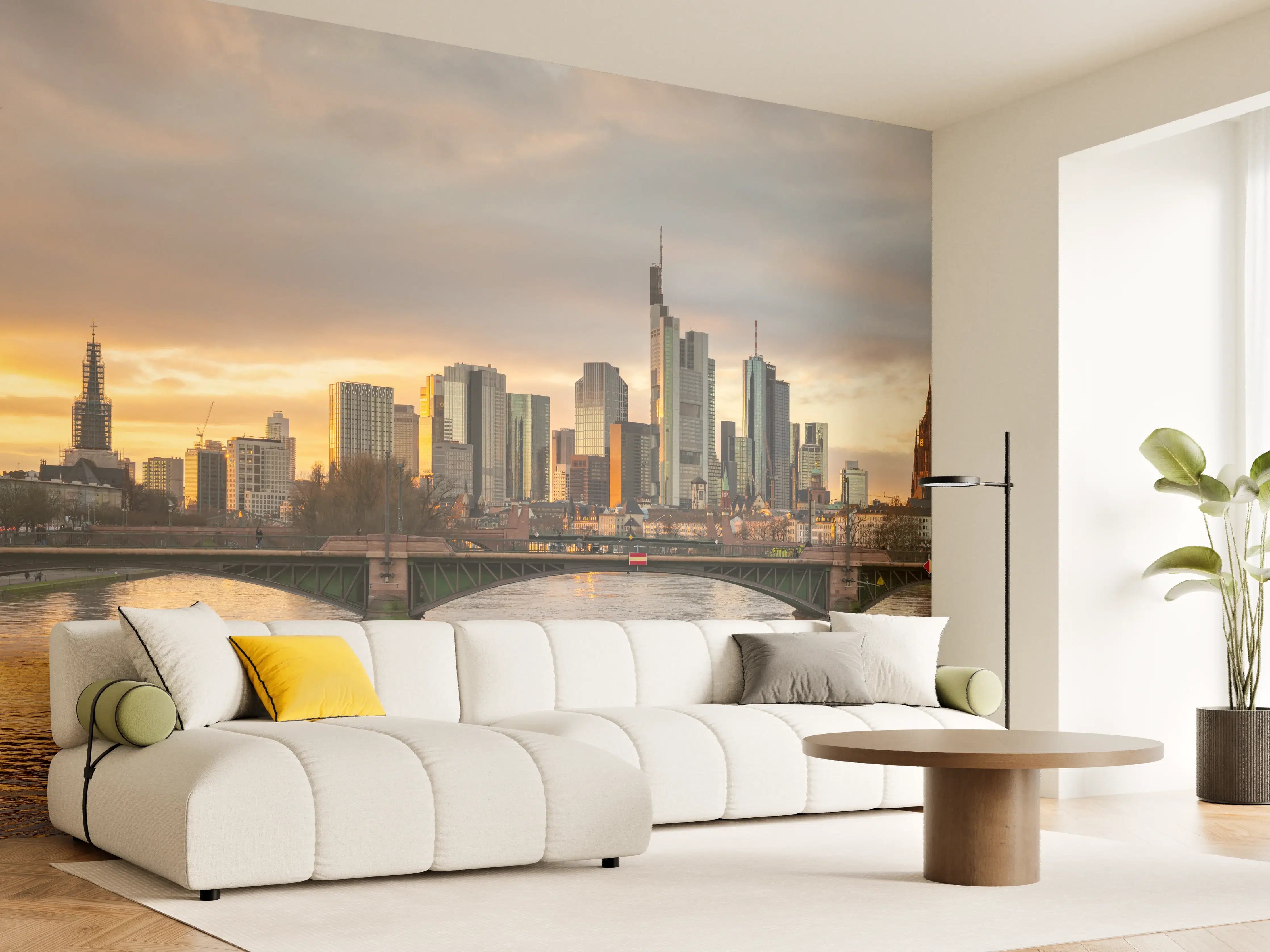 Wandverkleidung Wohnzimmer - Stadt-Skyline im Abendlicht