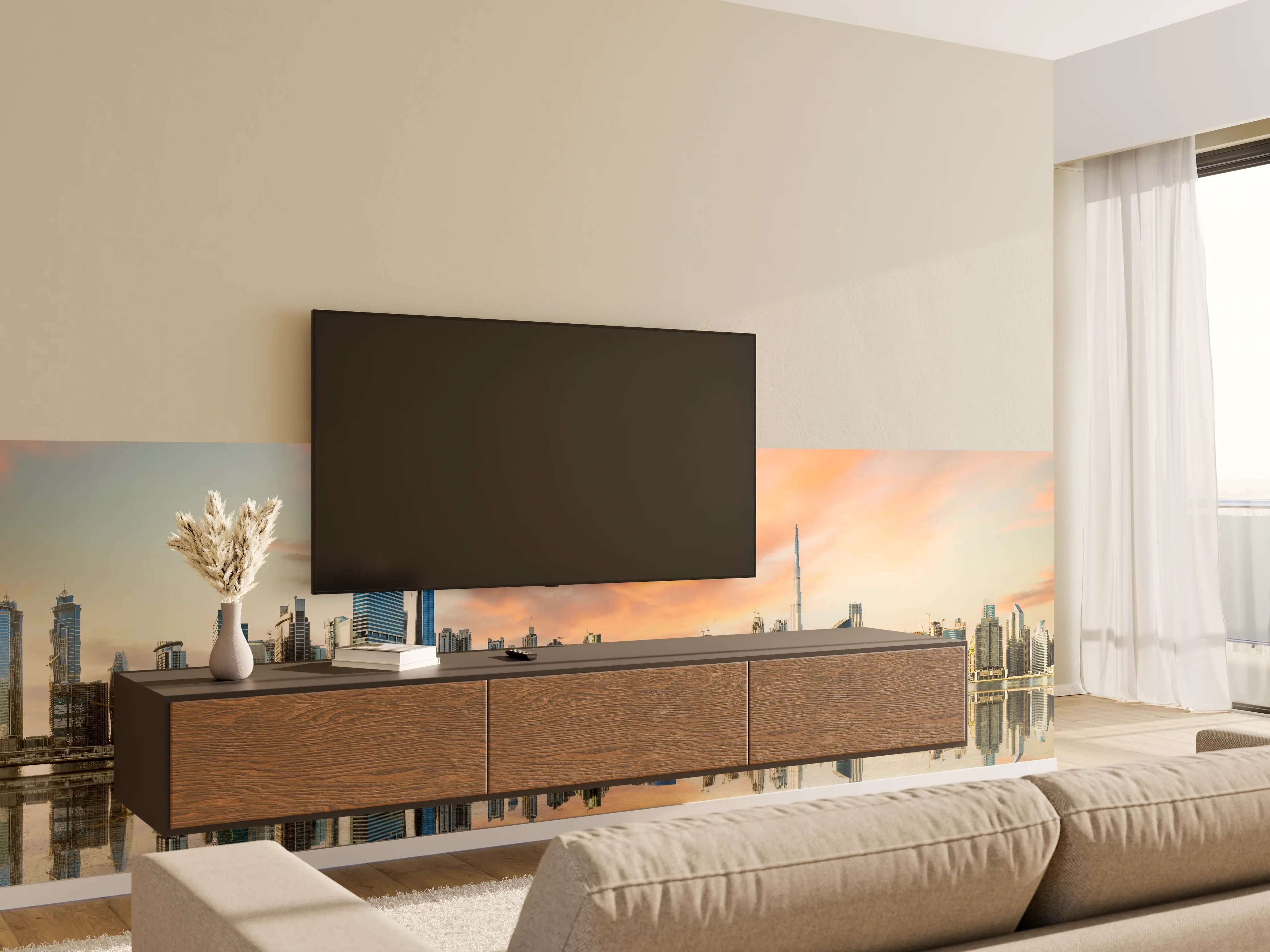 Wandverkleidung Wohnzimmer - Stadt-Skyline im Abendrot