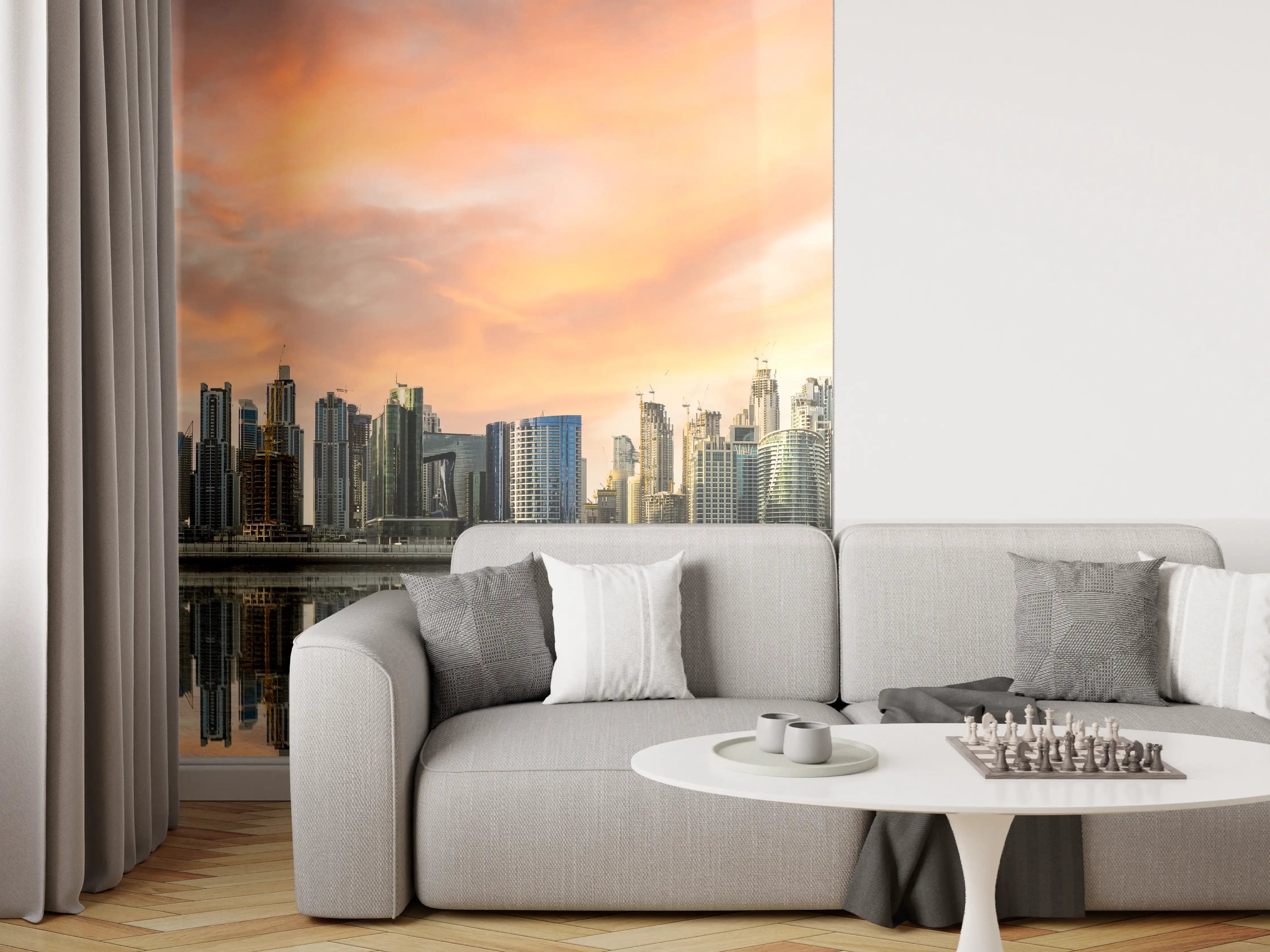 Wandverkleidung Wohnzimmer - Stadt-Skyline im Abendrot