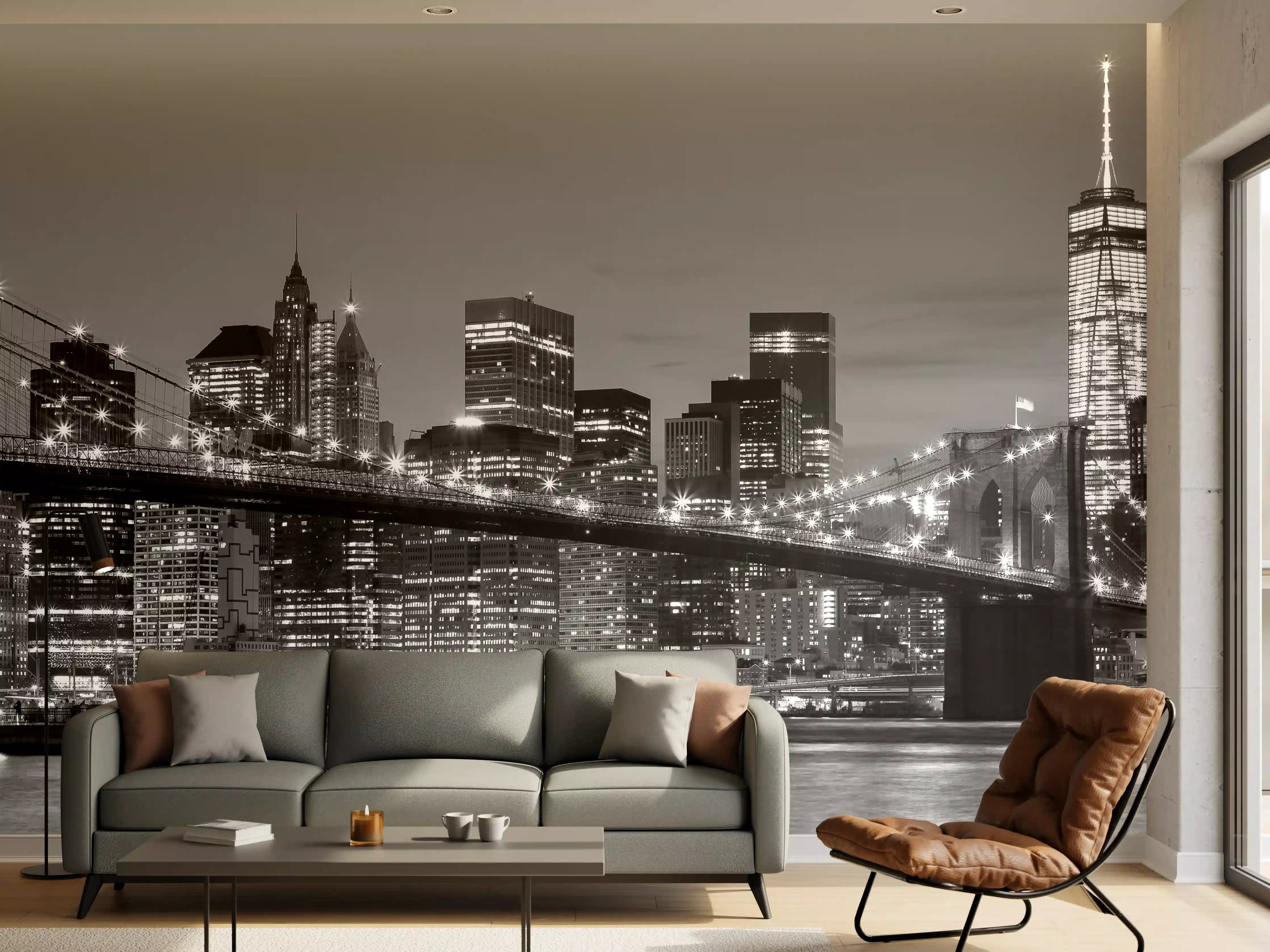 Wandverkleidung Wohnzimmer - Stadtbild bei Nacht in Schwarz-Weiß