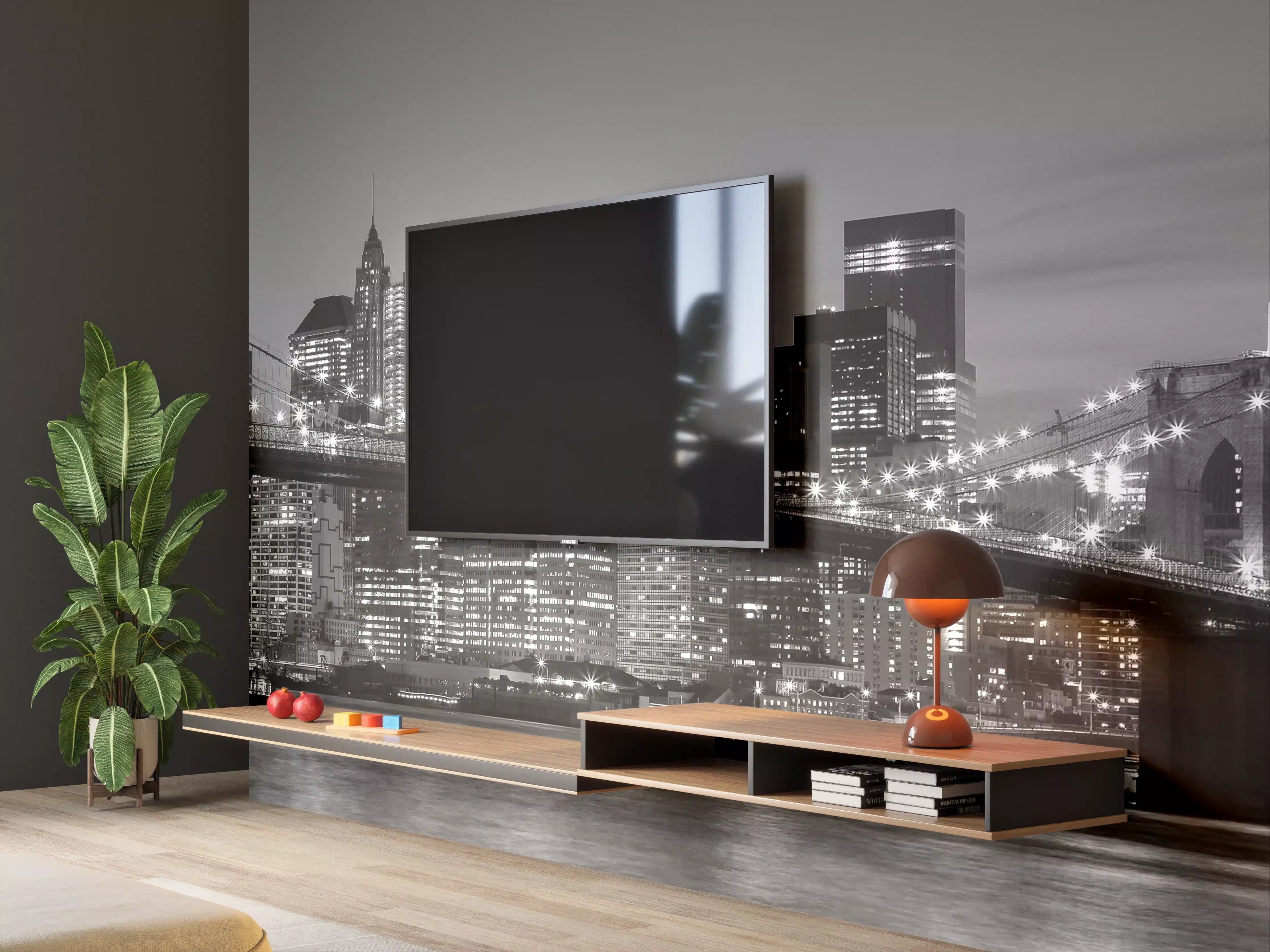 Wandverkleidung Wohnzimmer - Stadtbild bei Nacht in Schwarz-Weiß