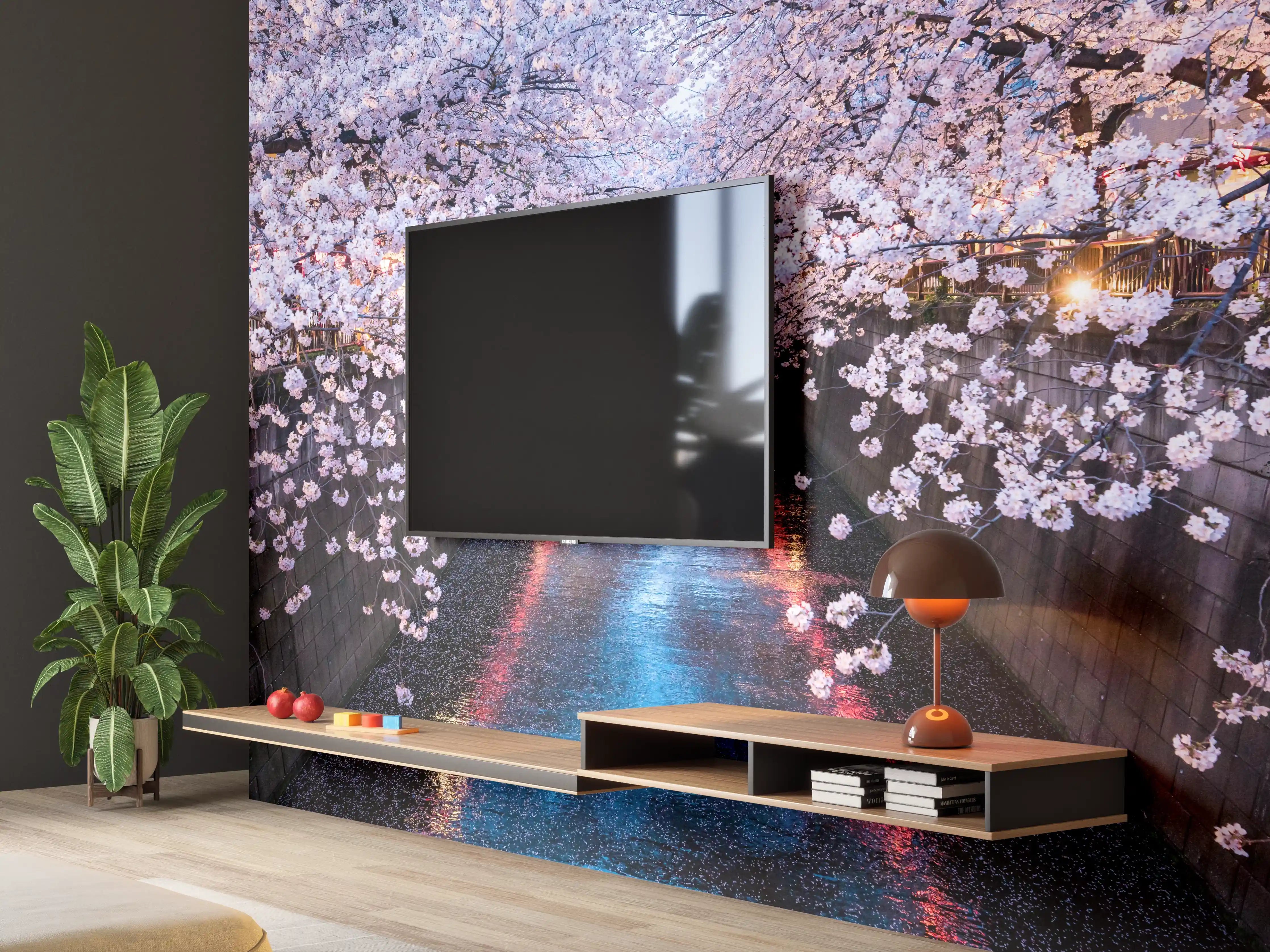 Wandverkleidung Wohnzimmer - Stadtfluss mit Kirschblütenbäumen