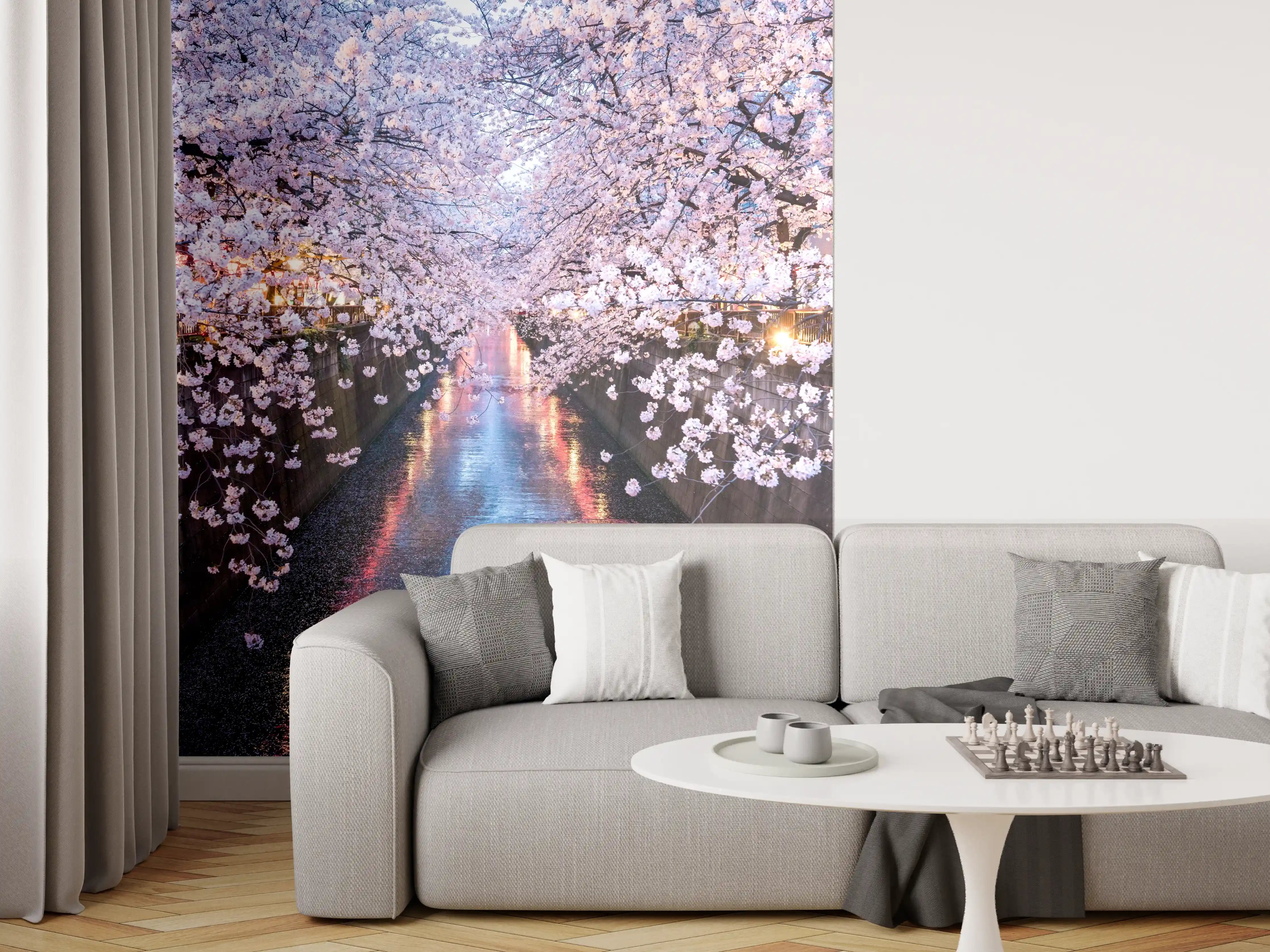 Wandverkleidung Wohnzimmer - Stadtfluss mit Kirschblütenbäumen