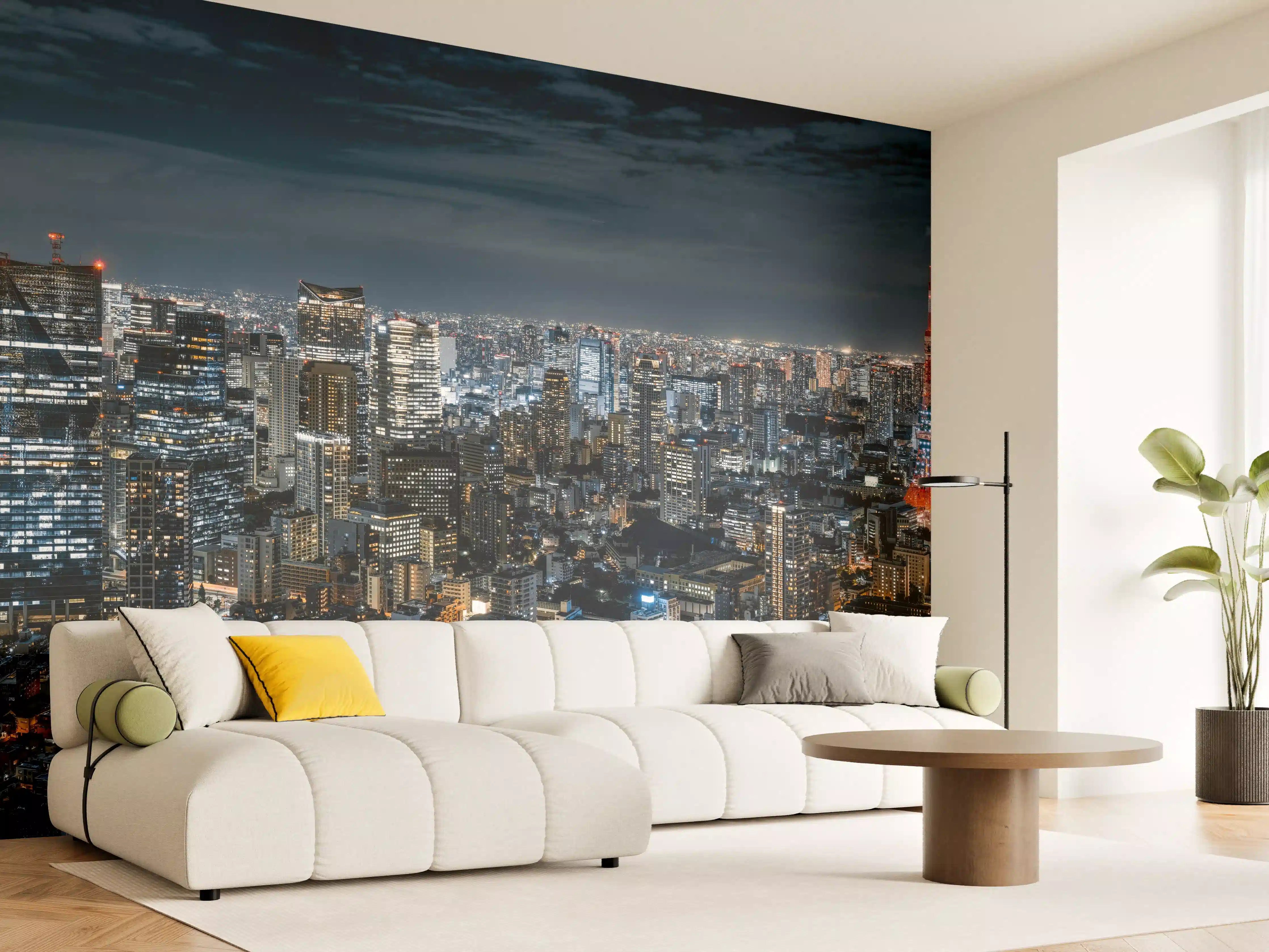 Wandverkleidung Wohnzimmer - Stadtpanorama bei Nacht mit Lichterspiel