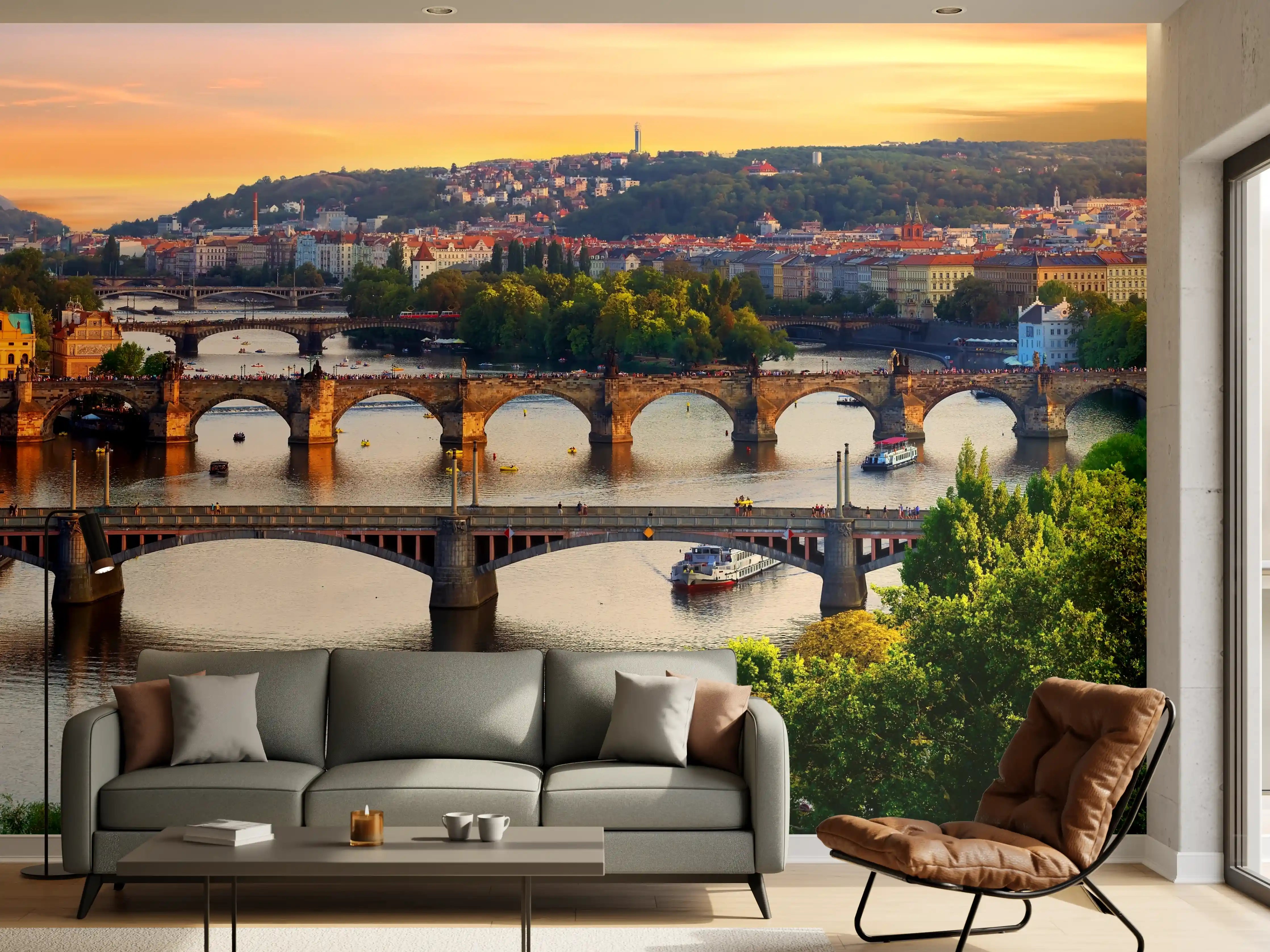 Wandverkleidung Wohnzimmer - Stadtpanorama bei Sonnenuntergang mit Brücken