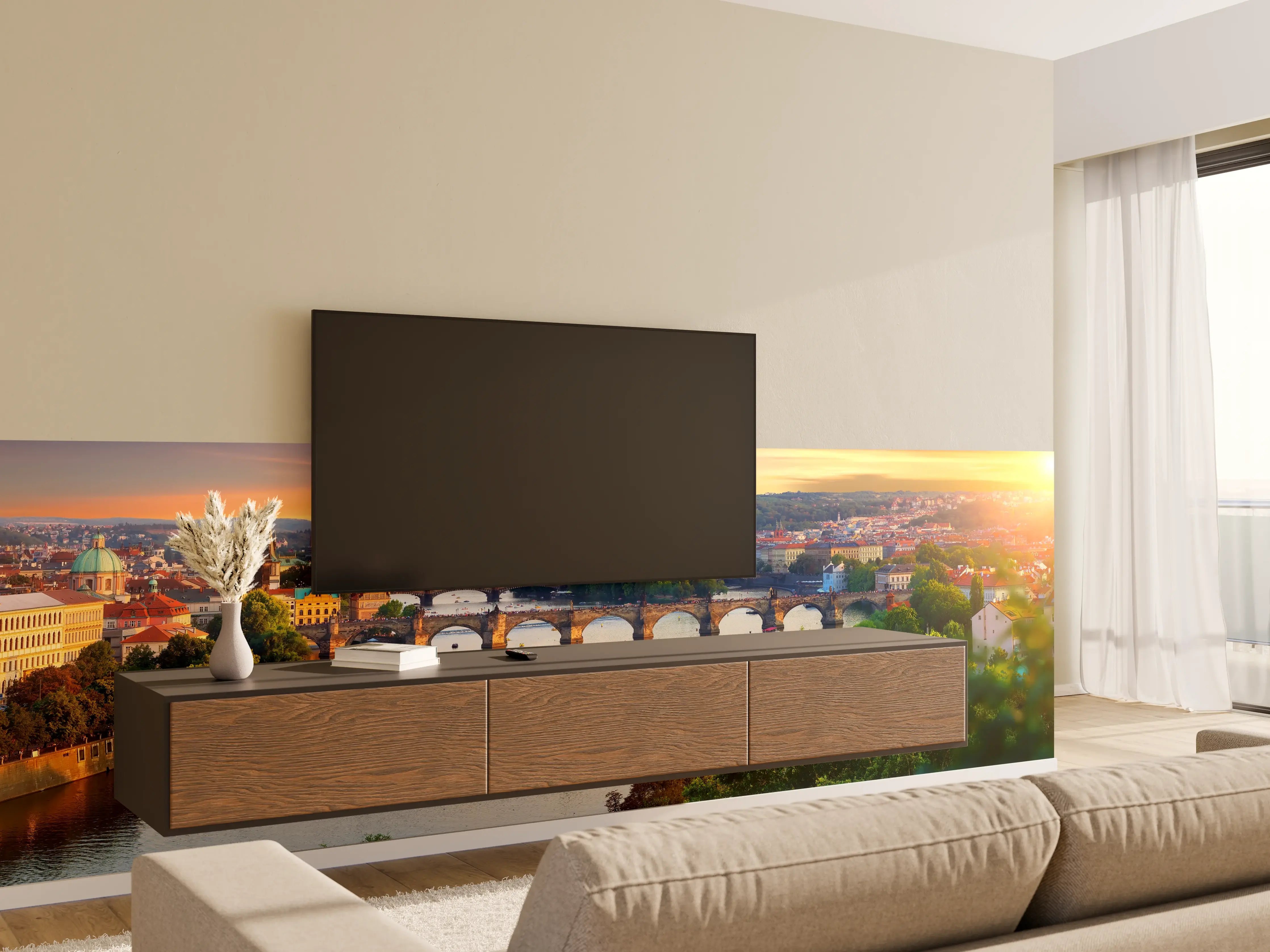 Wandverkleidung Wohnzimmer - Stadtpanorama bei Sonnenuntergang mit Brücken