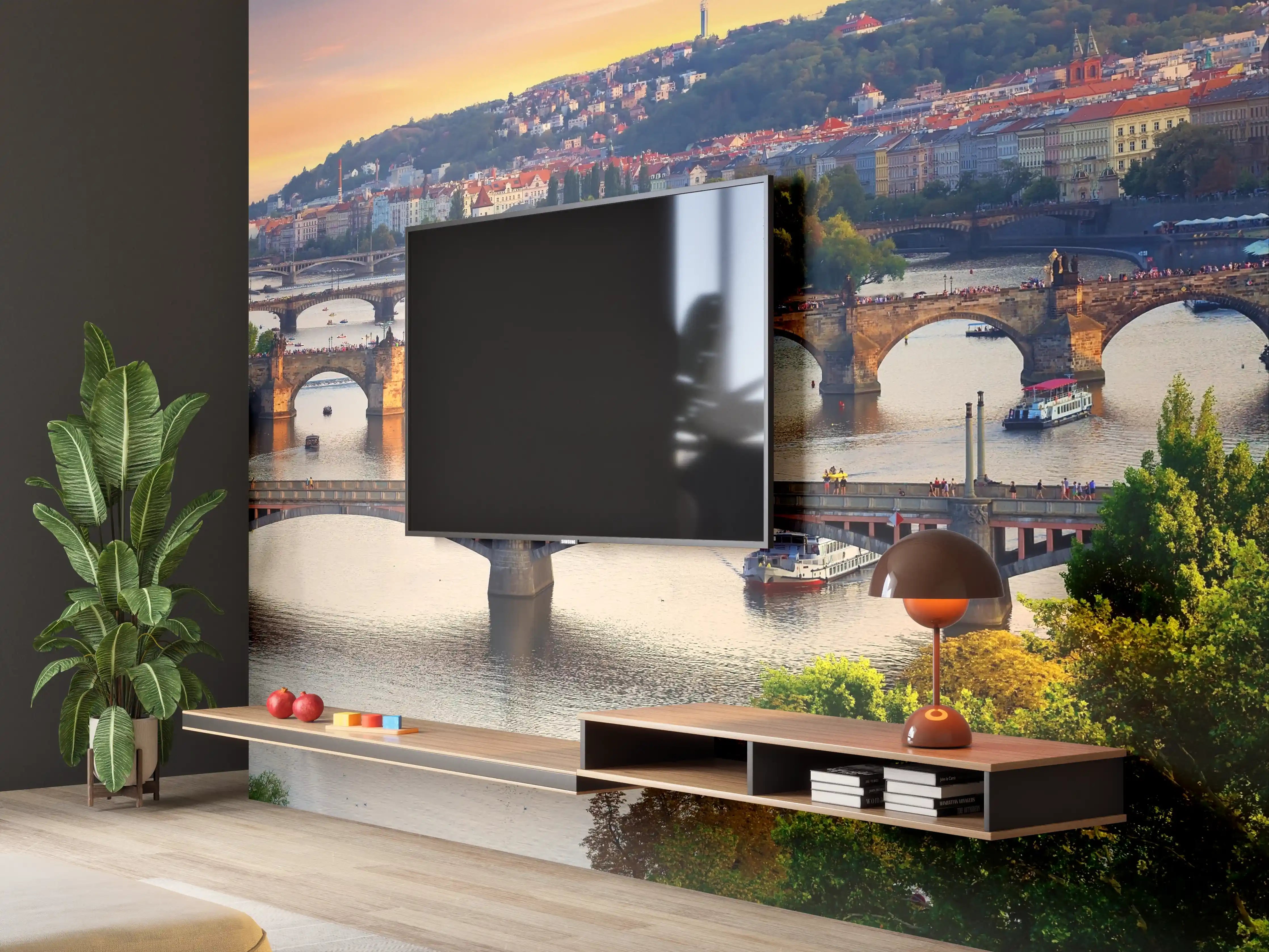 Wandverkleidung Wohnzimmer - Stadtpanorama bei Sonnenuntergang mit Brücken