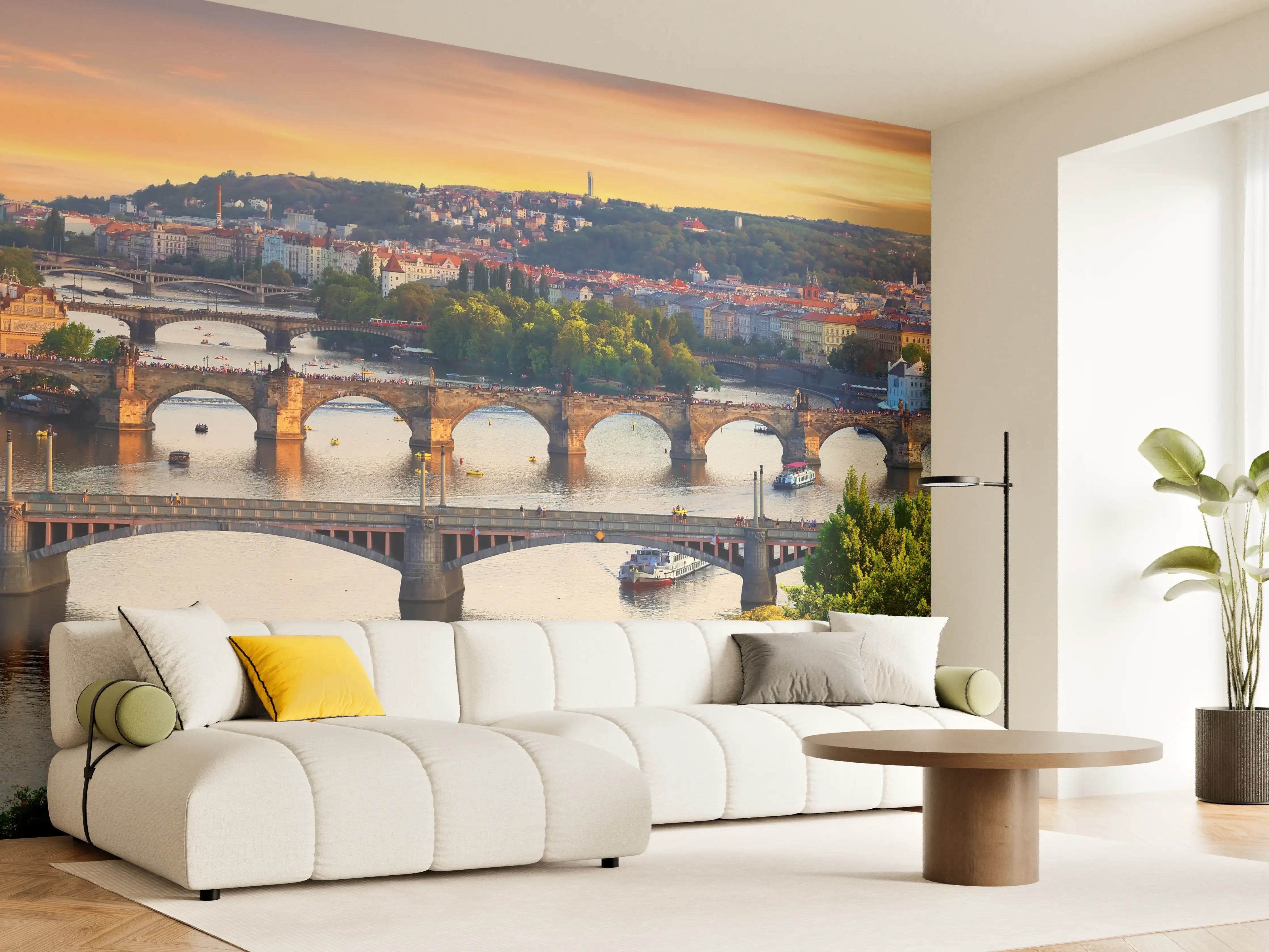 Wandverkleidung Wohnzimmer - Stadtpanorama bei Sonnenuntergang mit Brücken