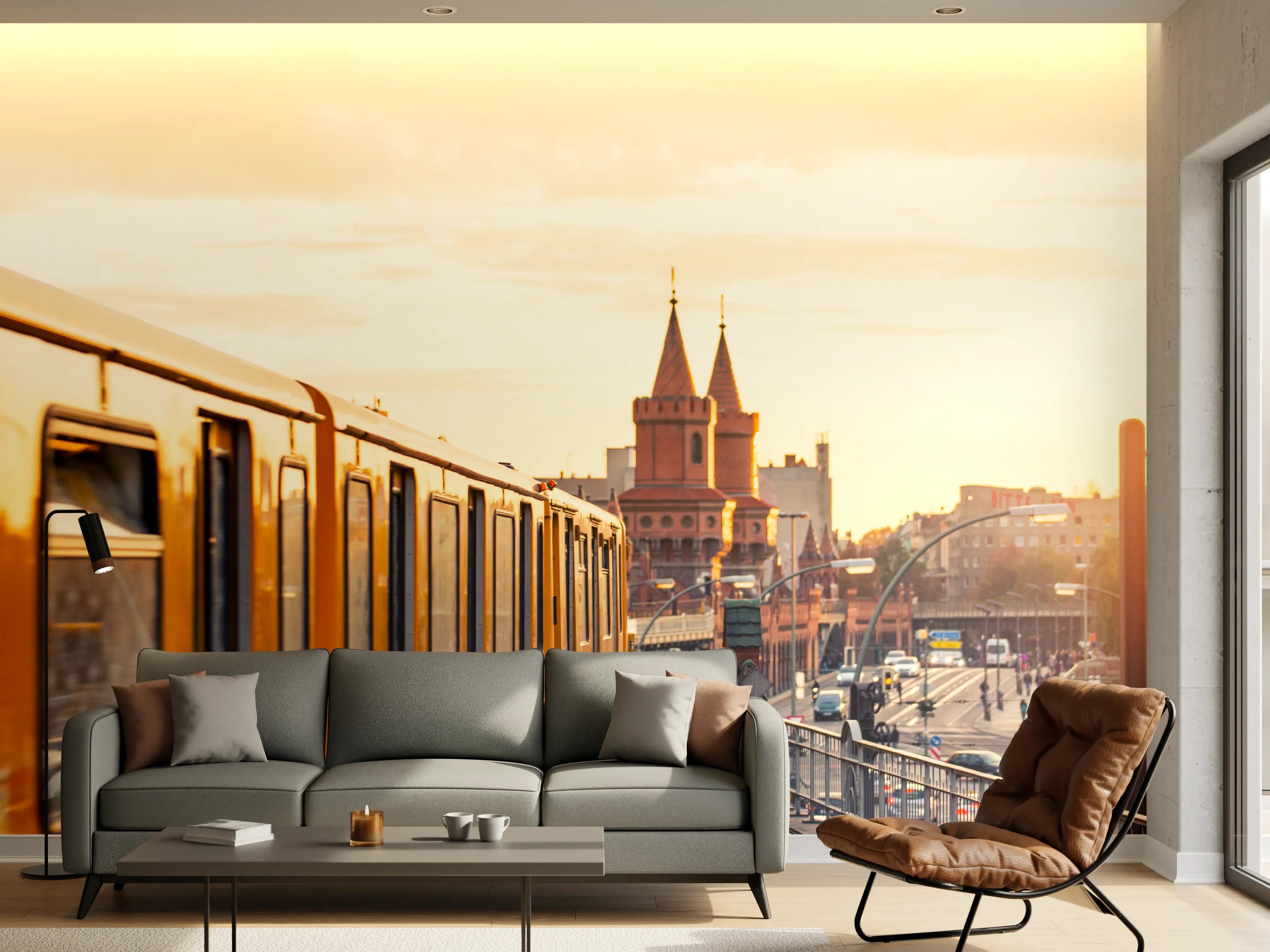 Wandverkleidung Wohnzimmer - Städtischer Bahnbetrieb bei Sonnenuntergang