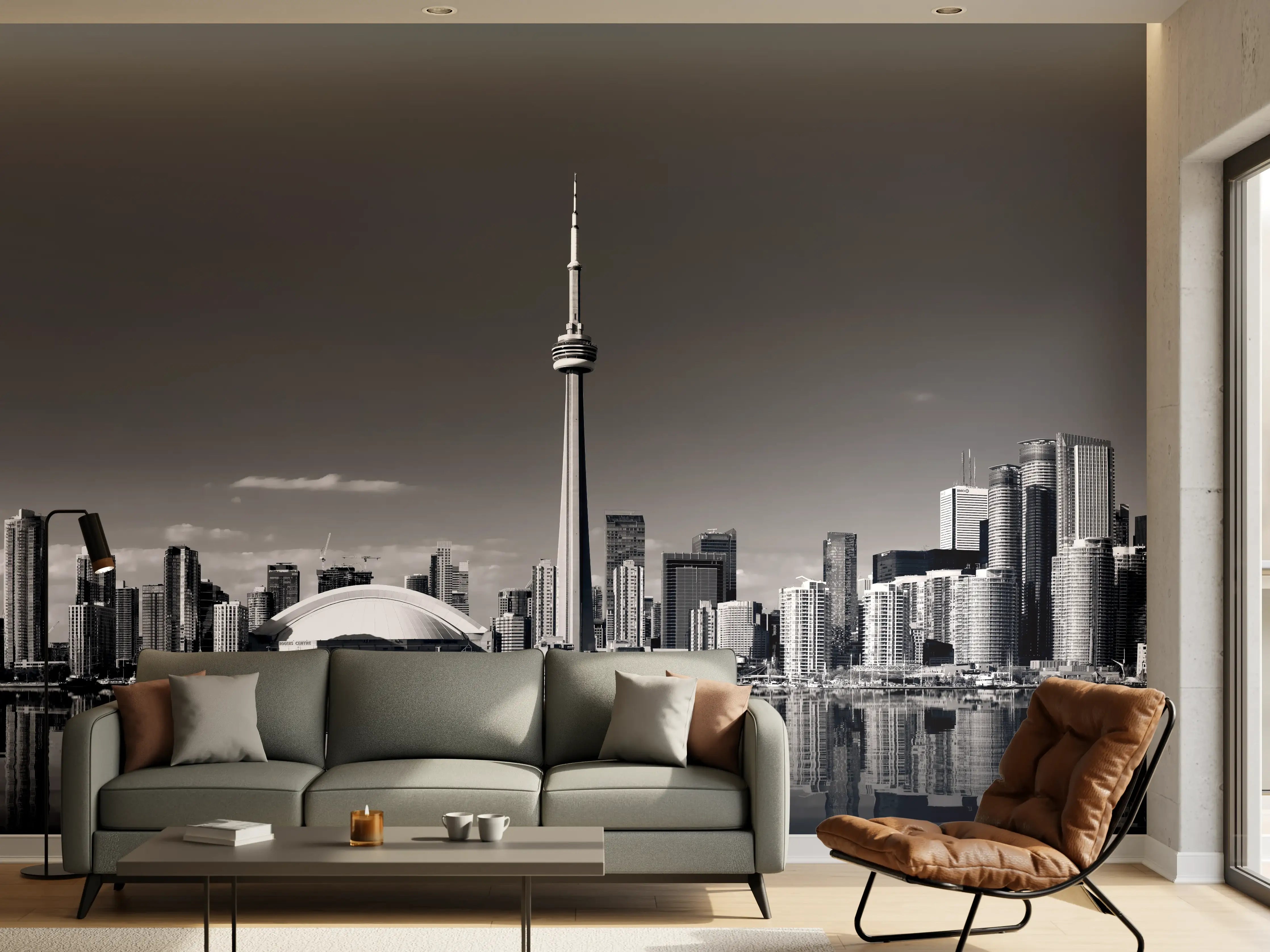Wandverkleidung Wohnzimmer - Städtisches Skyline-Motiv in Schwarz-Weiß