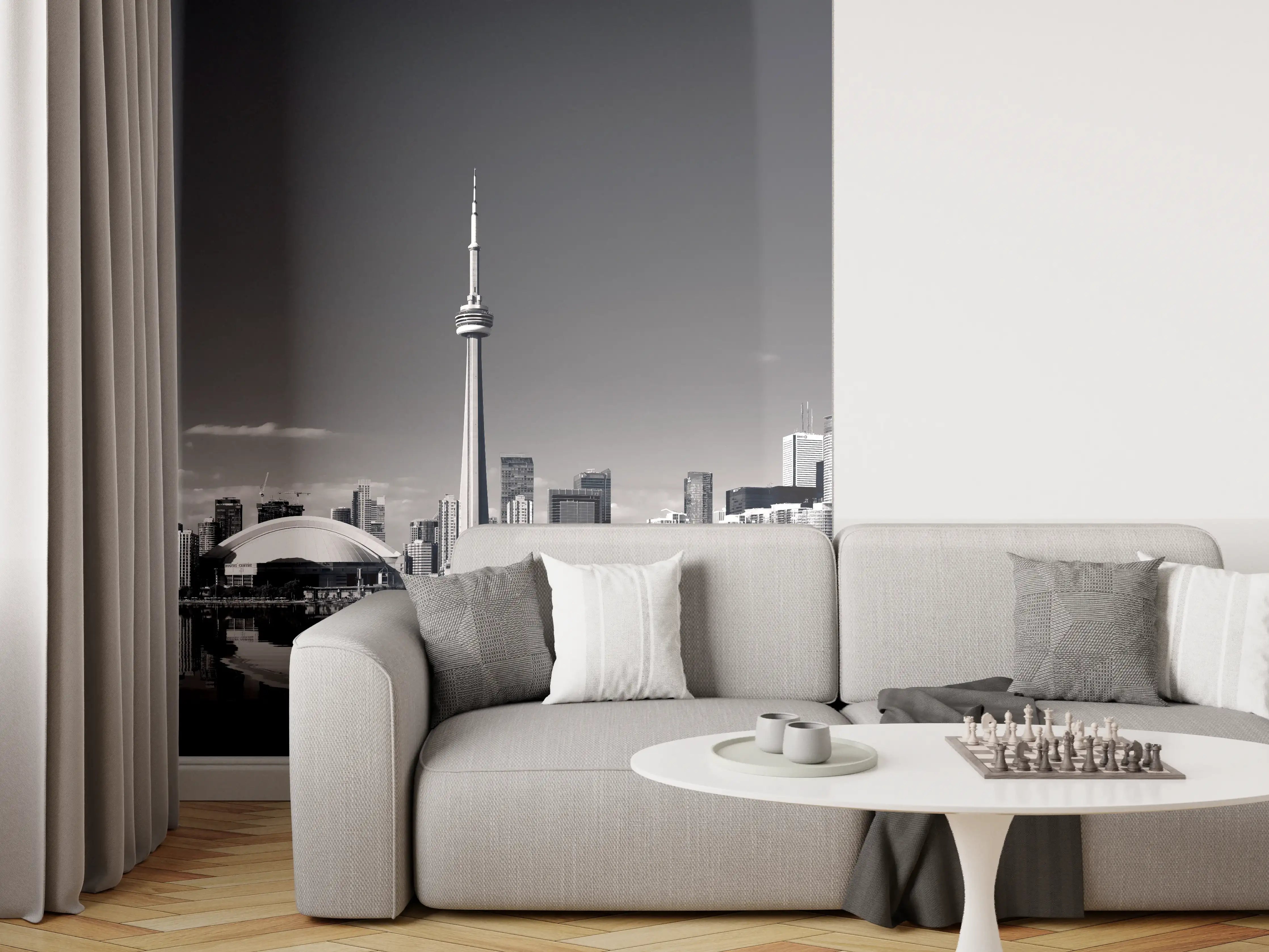 Wandverkleidung Wohnzimmer - Städtisches Skyline-Motiv in Schwarz-Weiß